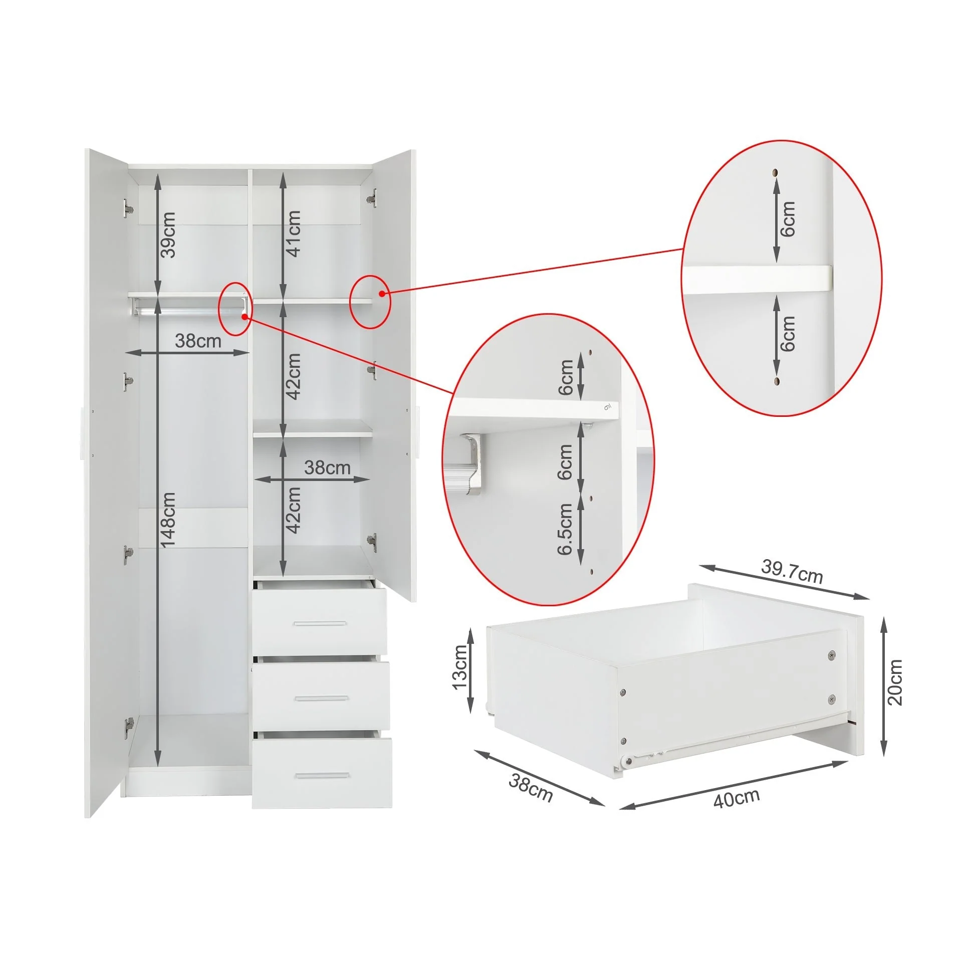 Tongass 2 Door Wardrobe with 3 Drawers - White - Image 14