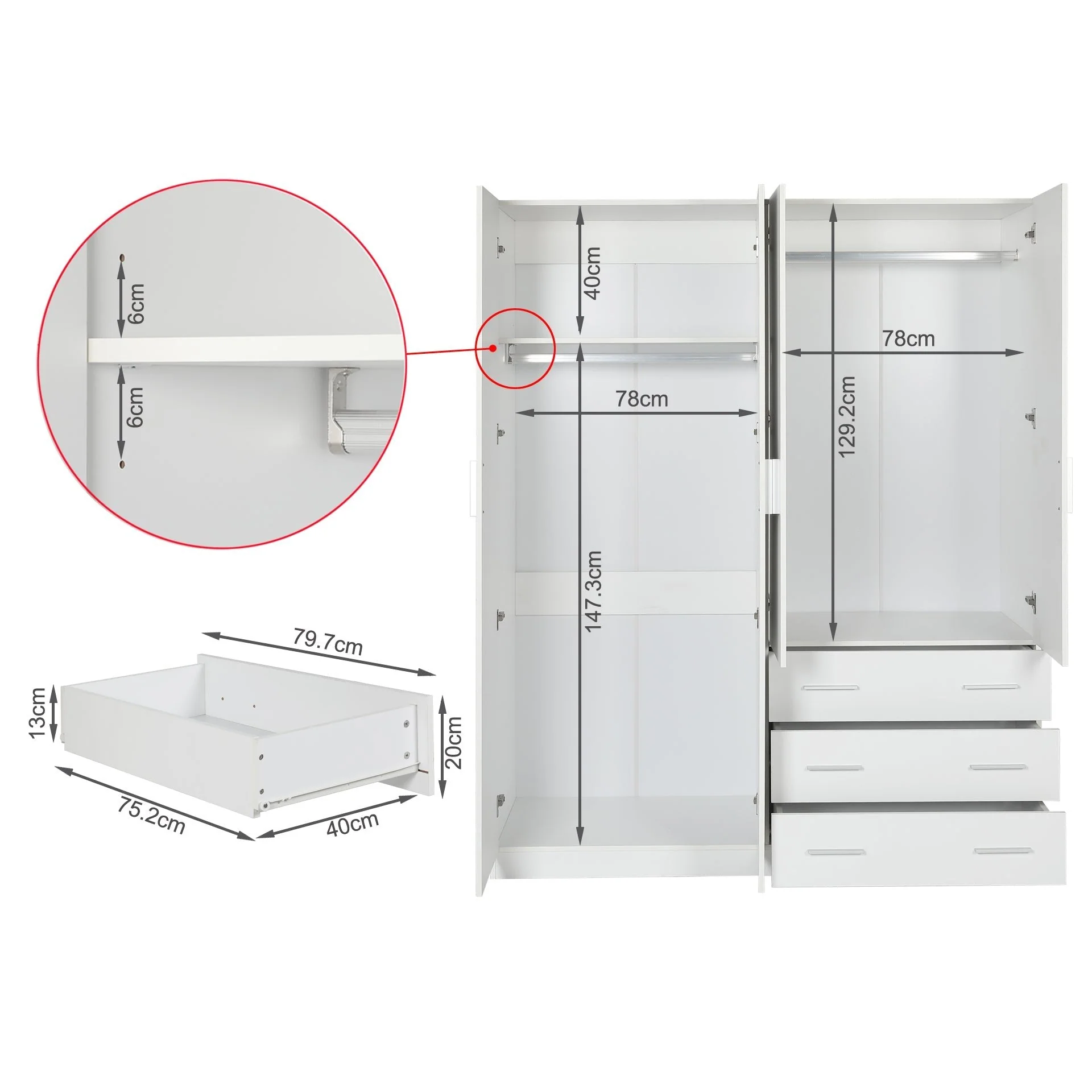 Tongass 4 Door Wardrobe with 3 Drawers - White - Image 13