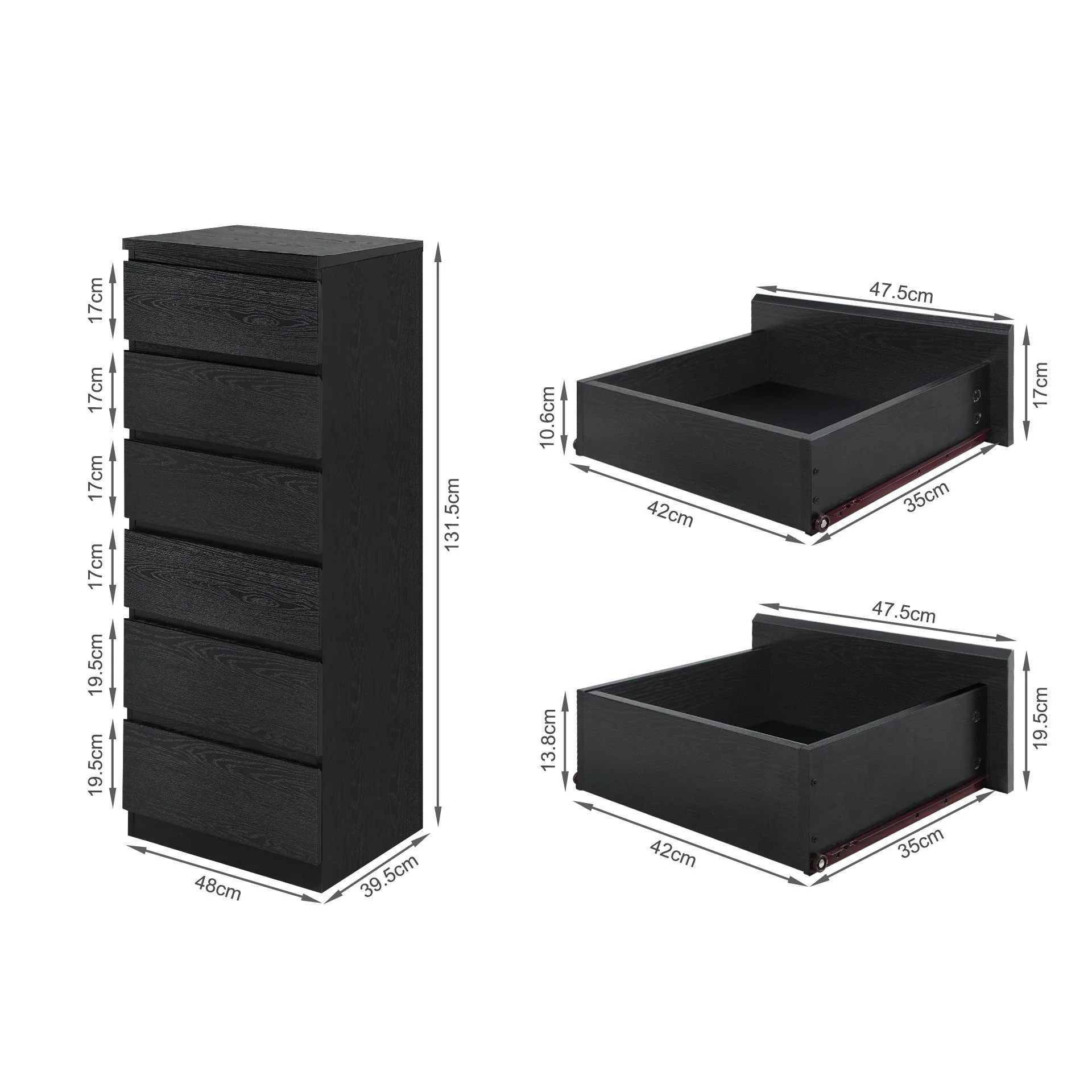 Tongass Wooden 6 Drawers Slim Tallboy - Black - Image 12