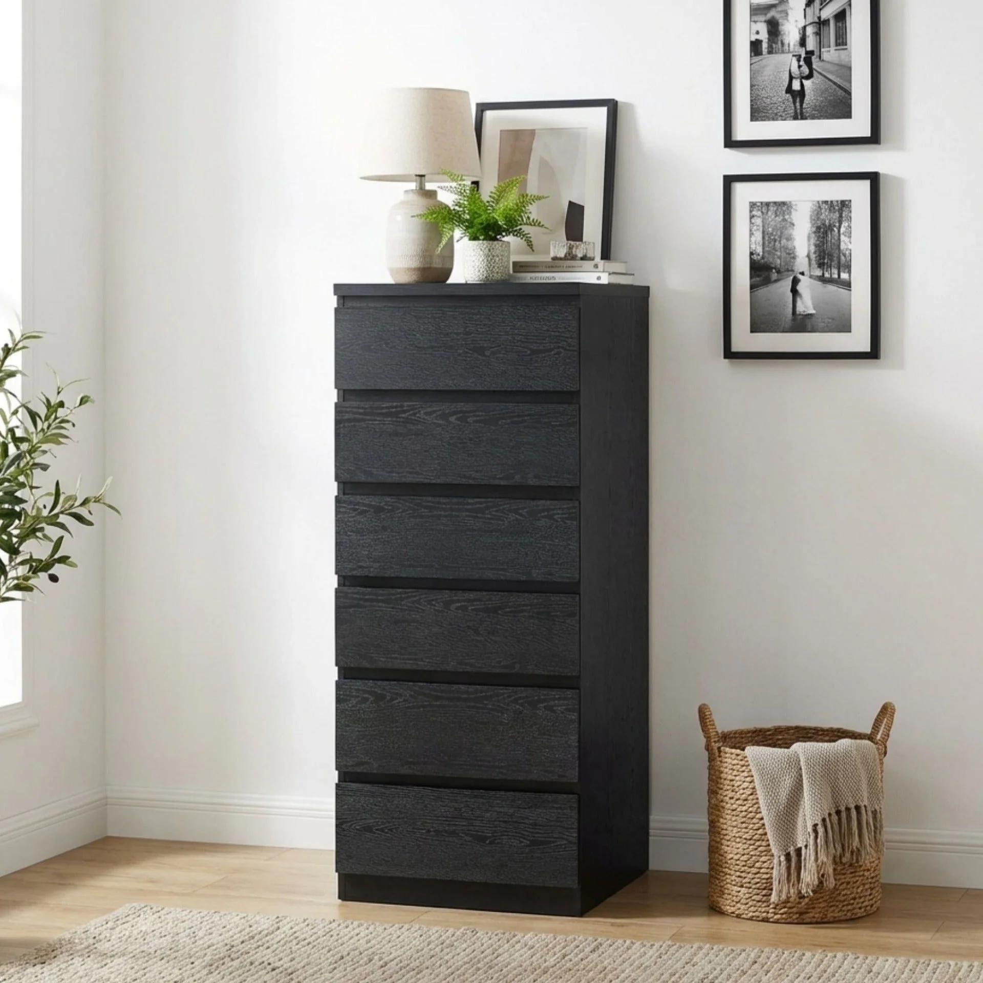 Tongass Wooden 6 Drawers Slim Tallboy - Black - Image 3