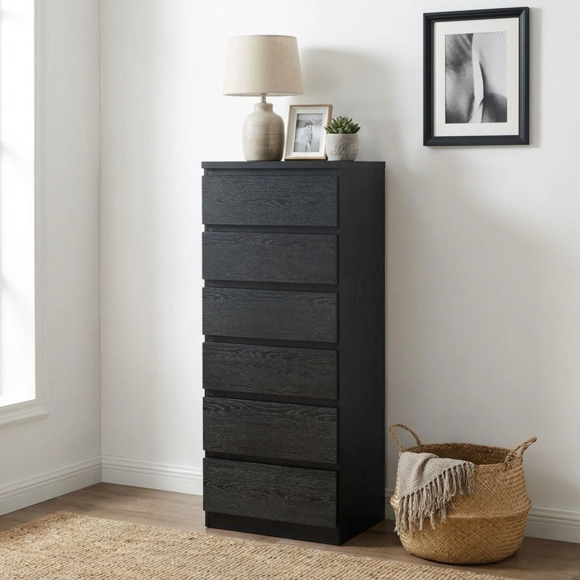 Tongass Wooden 6 Drawers Slim Tallboy - Black - Image 4