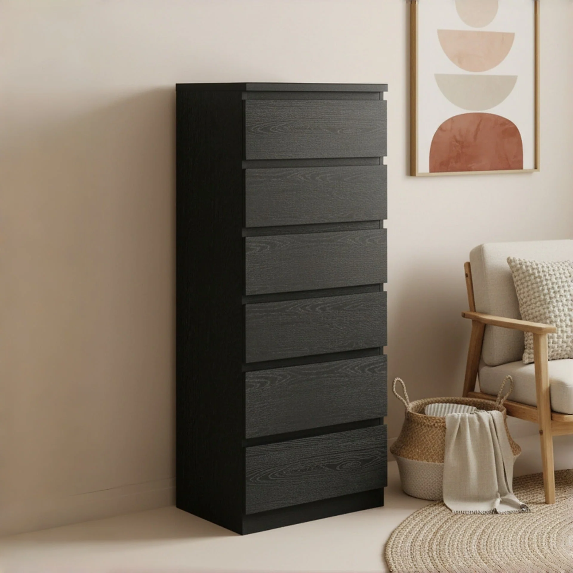 Tongass Wooden 6 Drawers Slim Tallboy - Black - Image 6