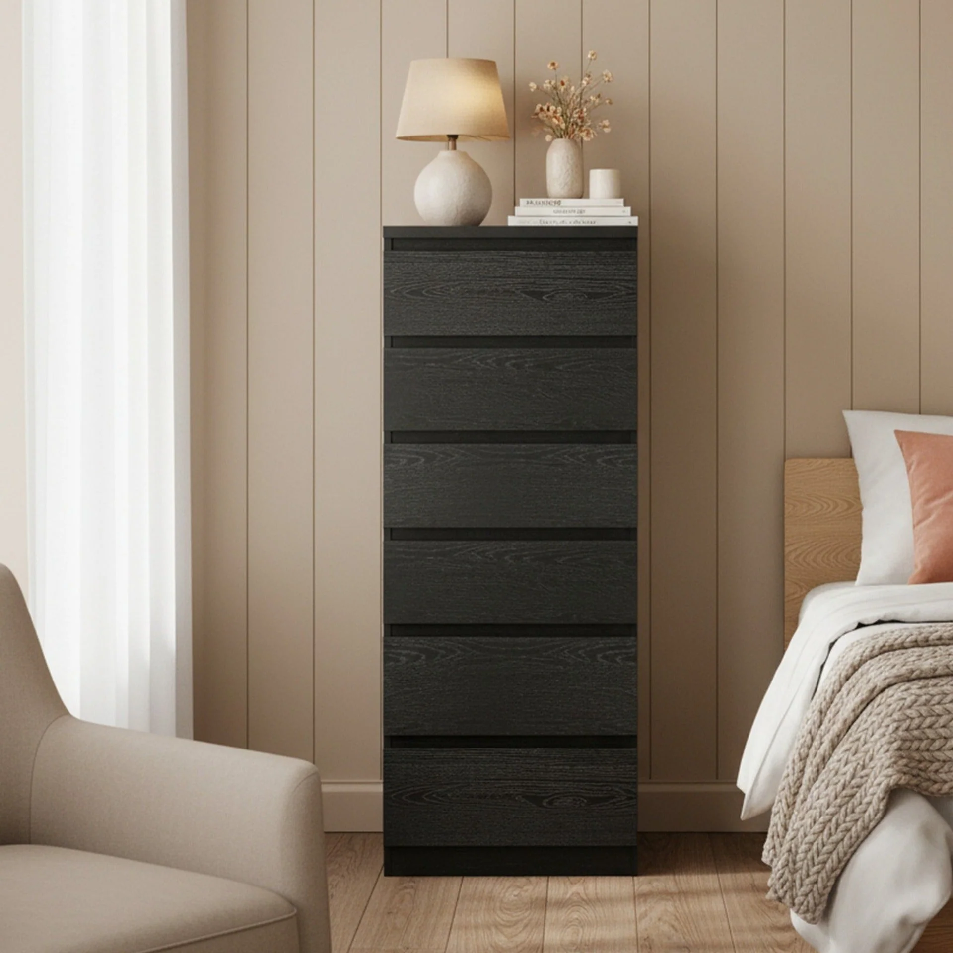 Tongass Wooden 6 Drawers Slim Tallboy - Black - Image 7