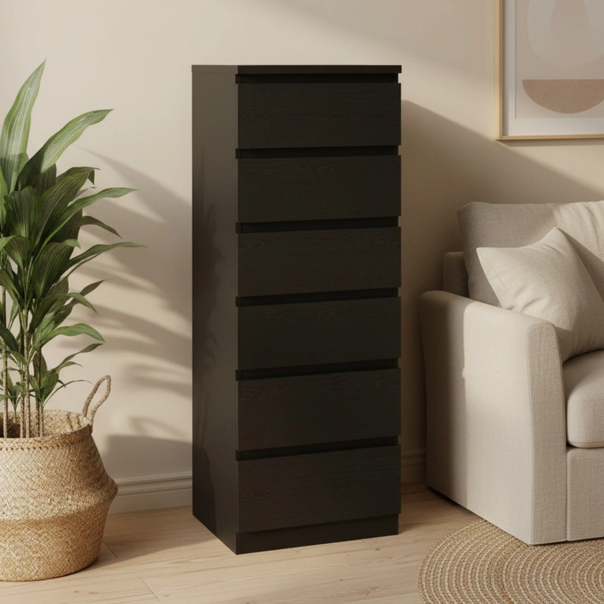 Tongass Wooden 6 Drawers Slim Tallboy - Black - Image 8