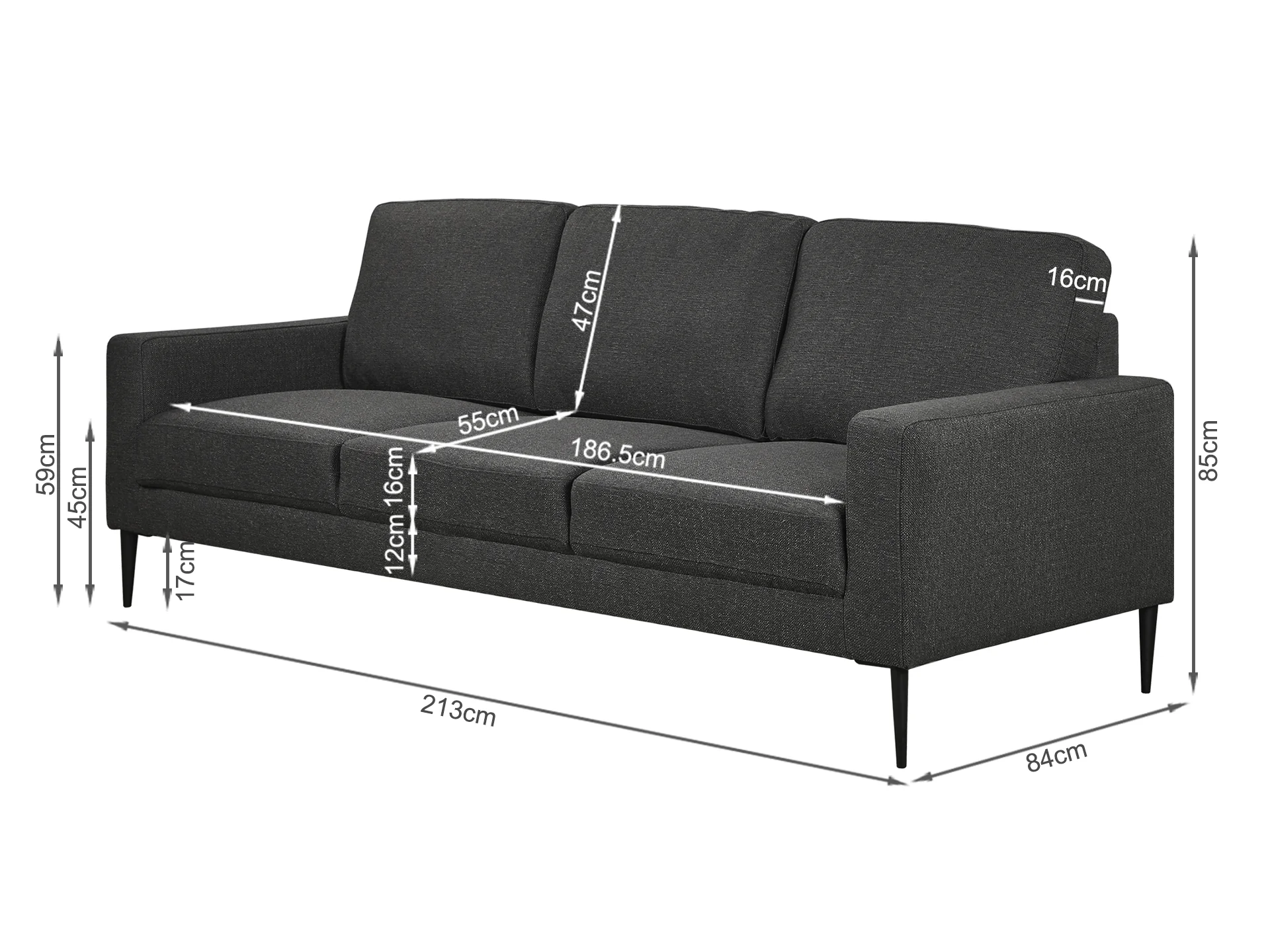 Toronto 3 Seater Fabric Sofa - Dark Grey - Image 7