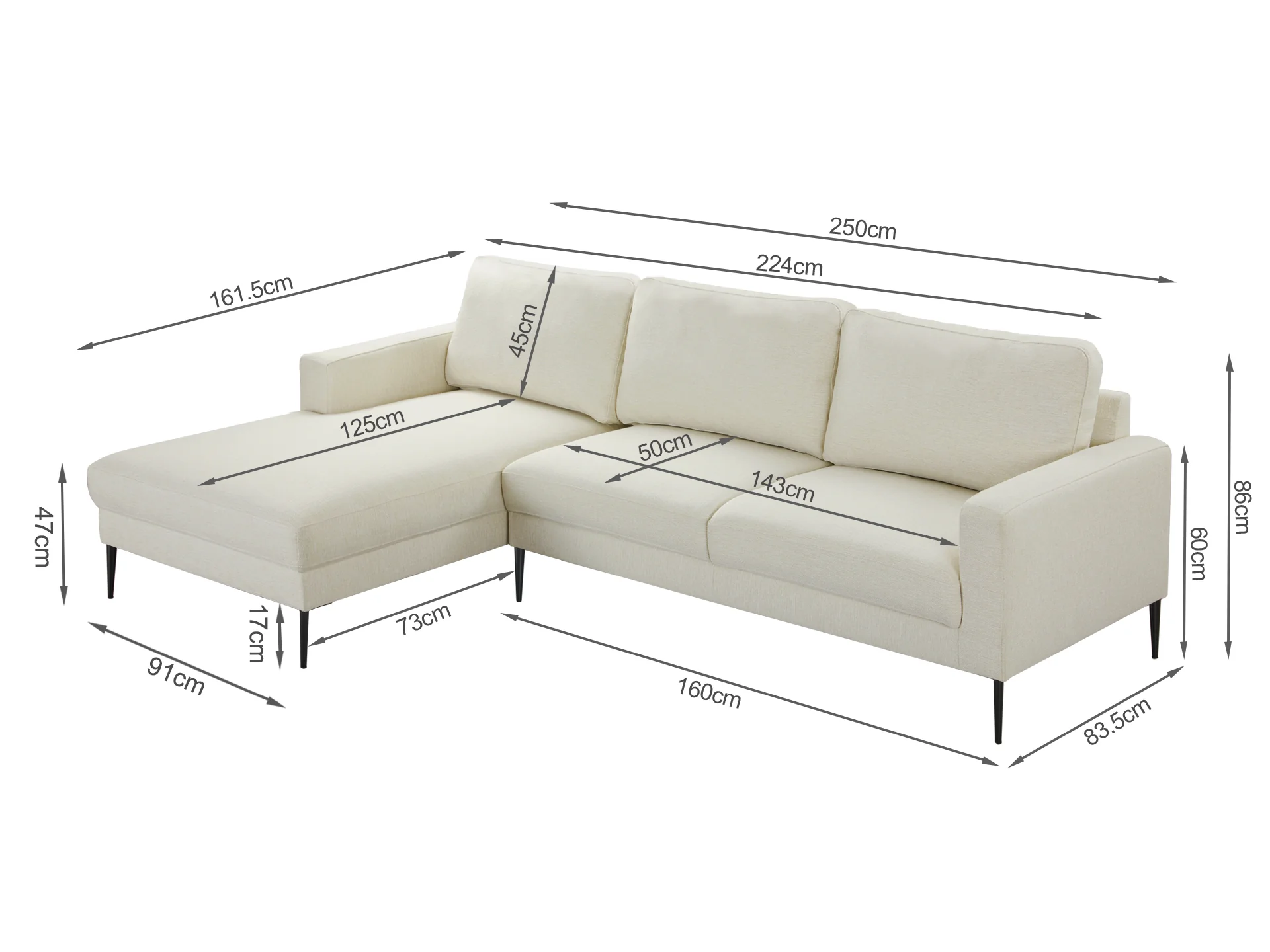 Toronto 3 Seater Sofa with Left Facing Chaise - Beige - Image 9