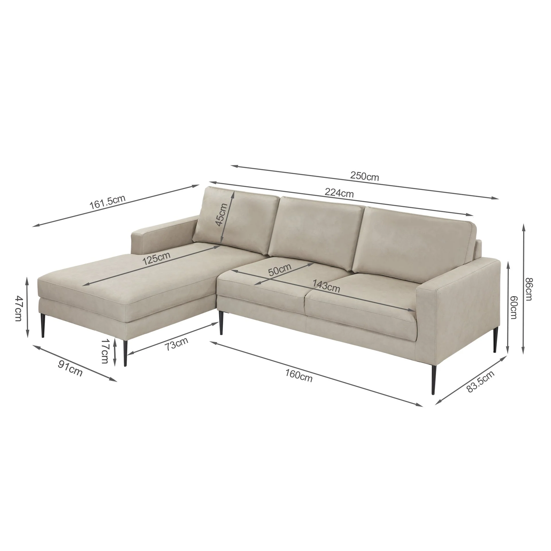 Toronto 3 Seater Sofa with Left Facing Chaise - Grey - Image 8