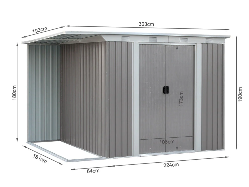 TOUGHOUT Garden Shed with Side Canopy 3.03M x 1.93M x 1.9M GREY - Image 11