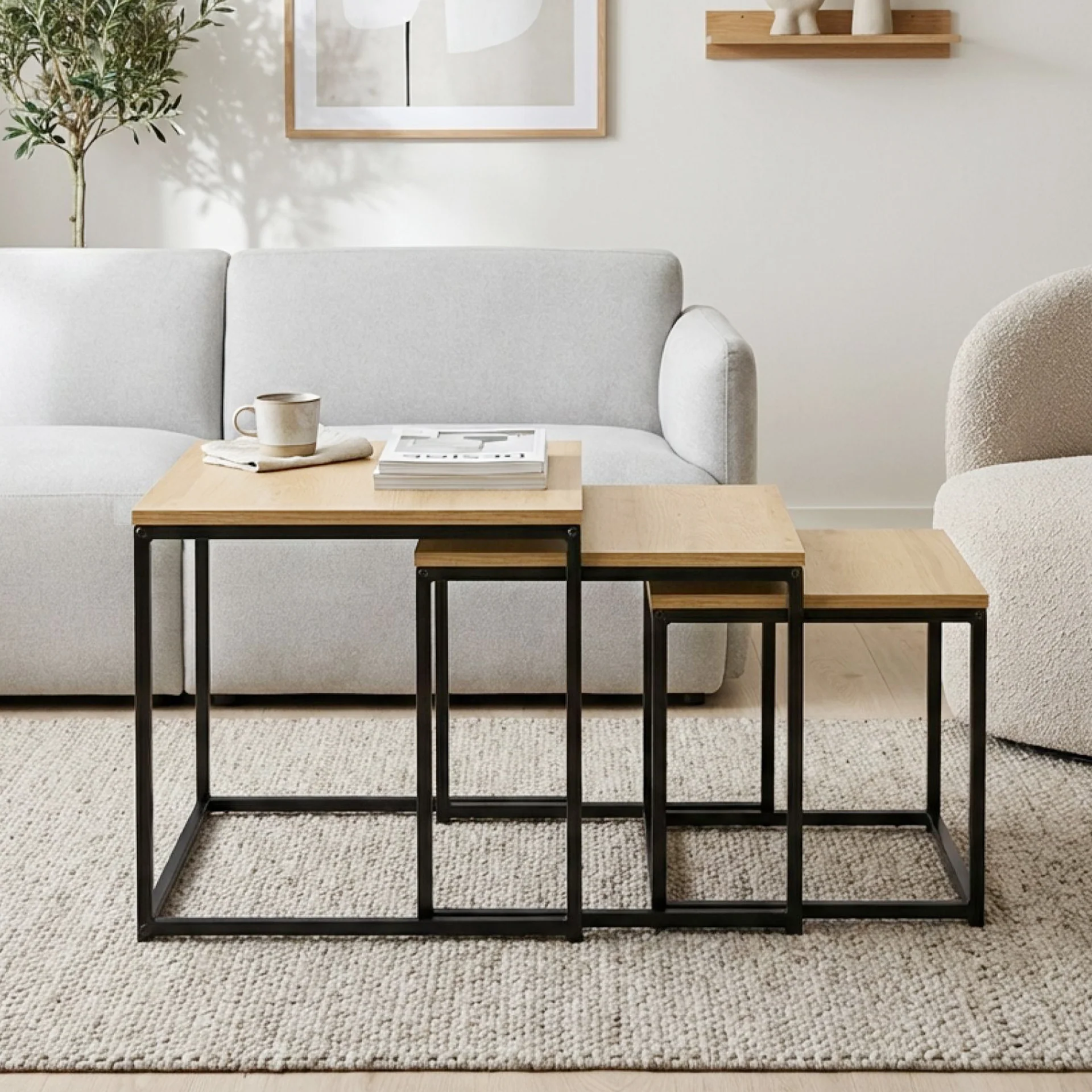 Trio 3 Piece Nesting Coffee Table Set - Oak - Image 2