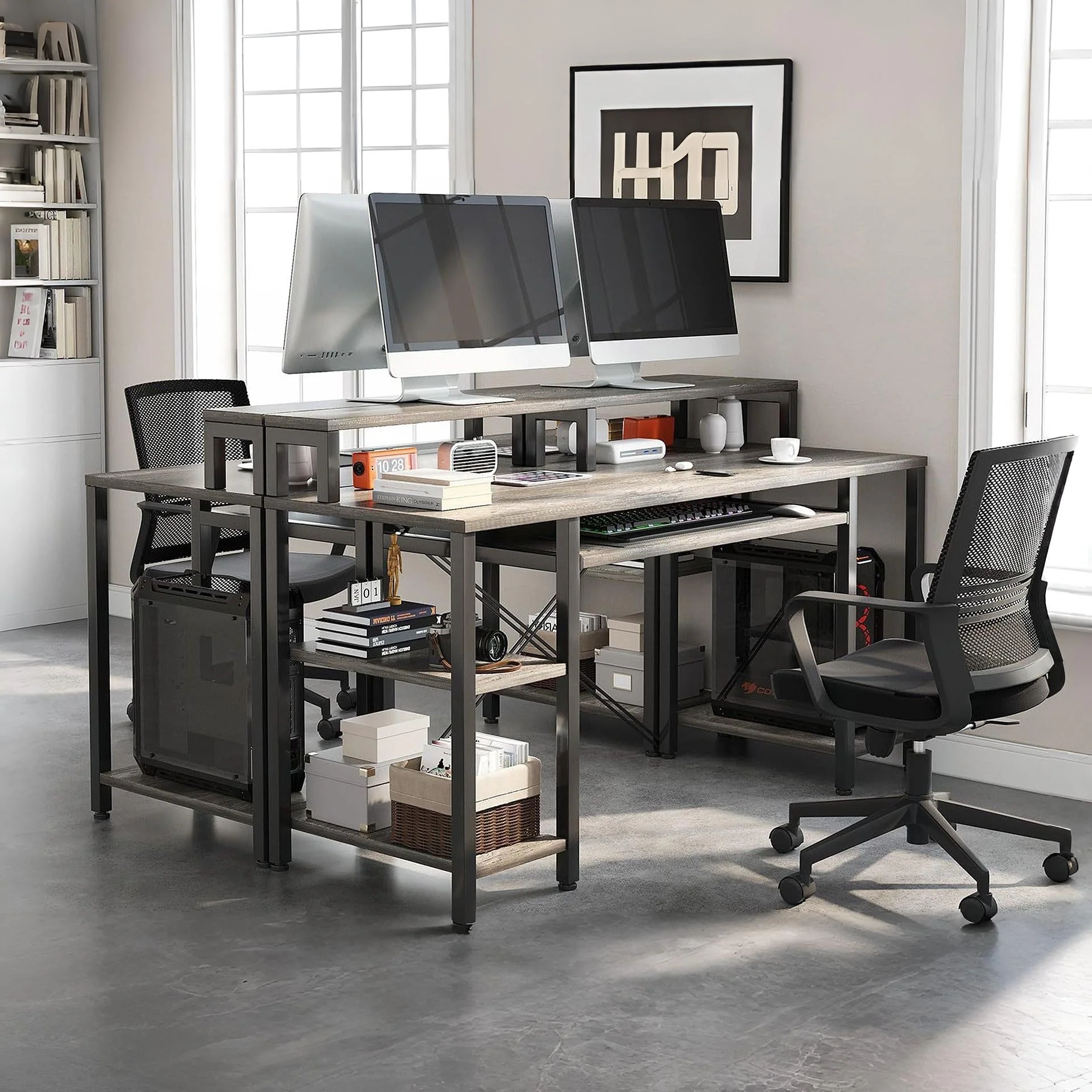 Tyler 120cm Computer Desk with Bookshelf - Grey Oak - Image 4