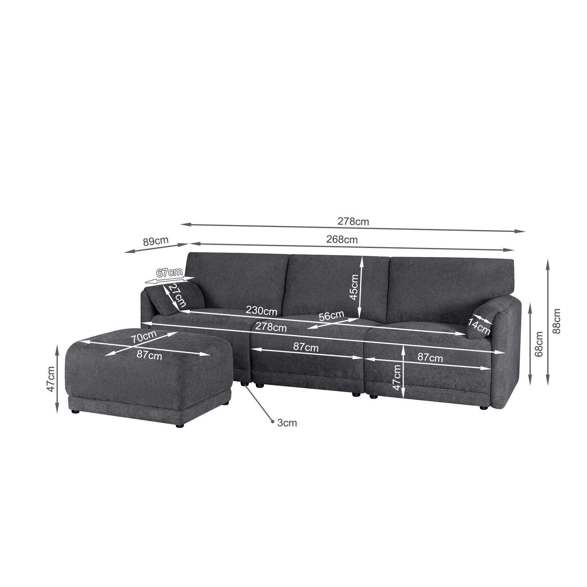 Velvo 3 Seater Modular Sofa with Ottoman - Dark Grey - Image 16