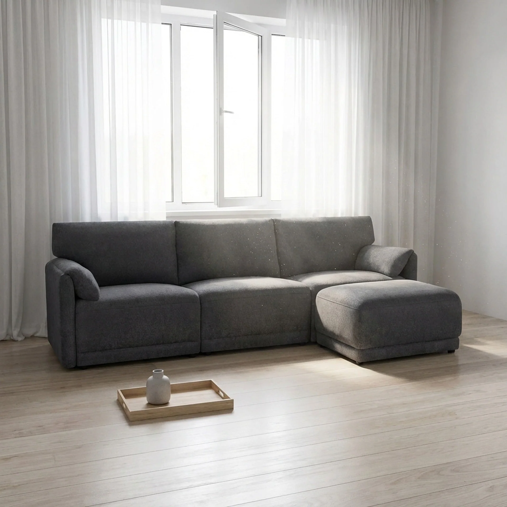 Velvo 3 Seater Modular Sofa with Ottoman - Dark Grey - Image 5