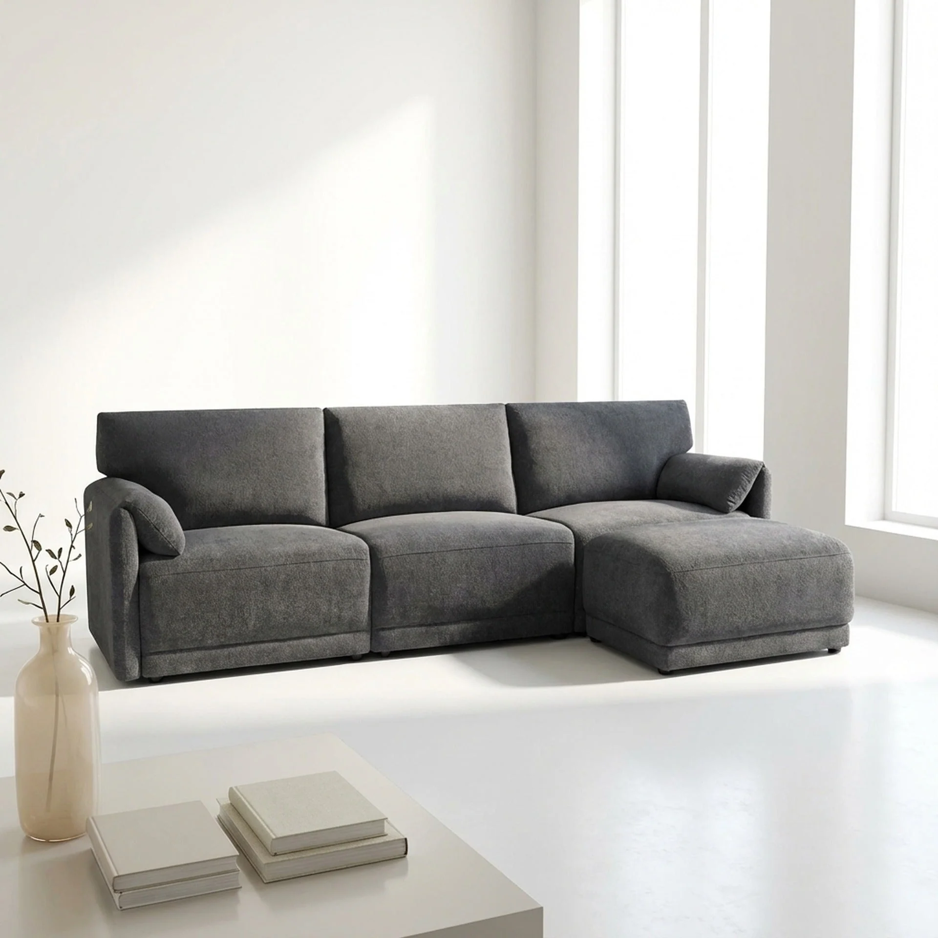 Velvo 3 Seater Modular Sofa with Ottoman - Dark Grey - Image 6
