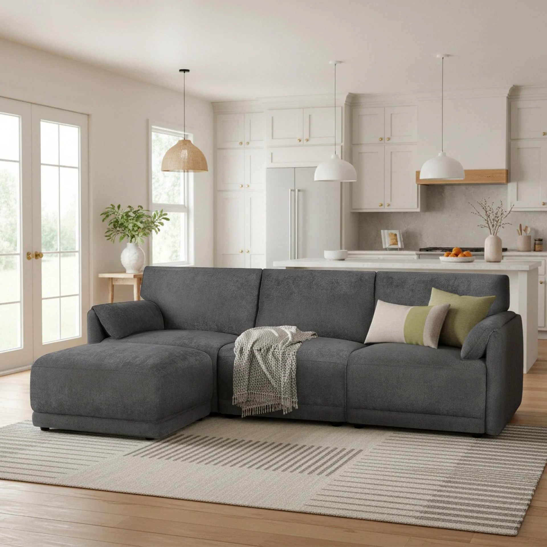 Velvo 3 Seater Modular Sofa with Ottoman - Dark Grey - Image 7
