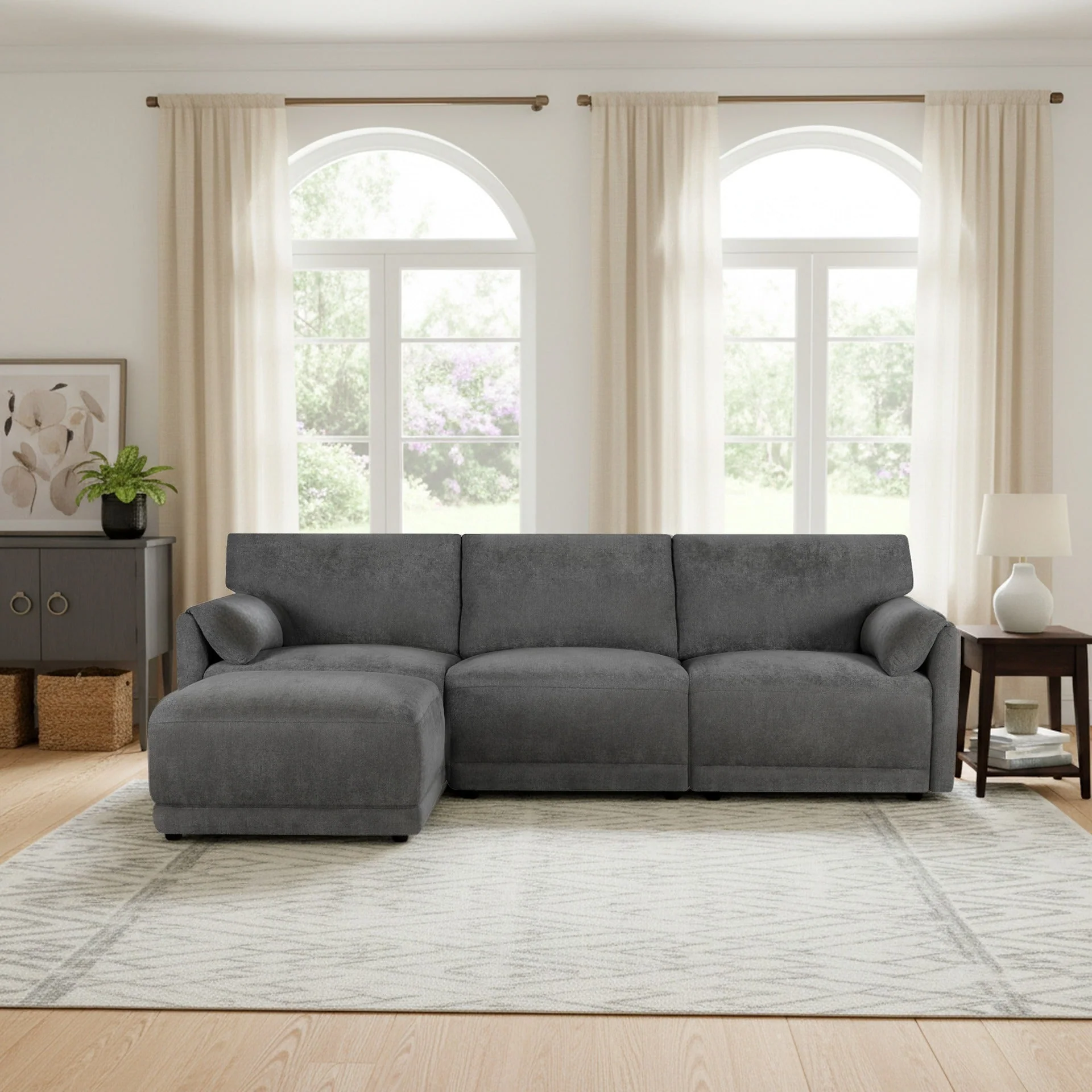 Velvo 3 Seater Modular Sofa with Ottoman - Dark Grey - Image 8
