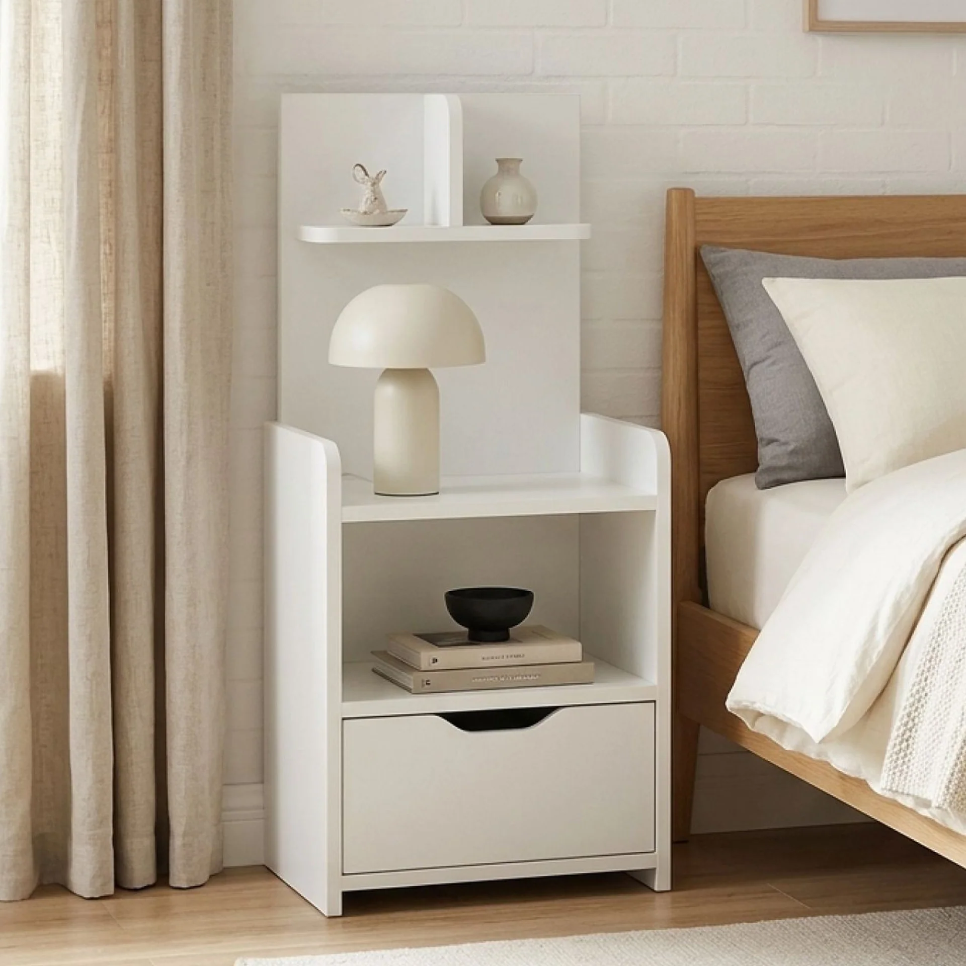Vivian Bedside Table with Shelves - White