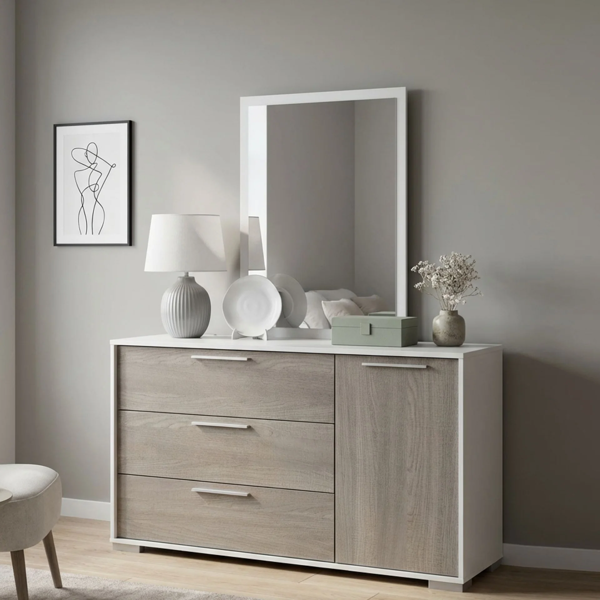 Waipoua 4 Drawer Low Boy with Mirror- Grey Oak - Image 3