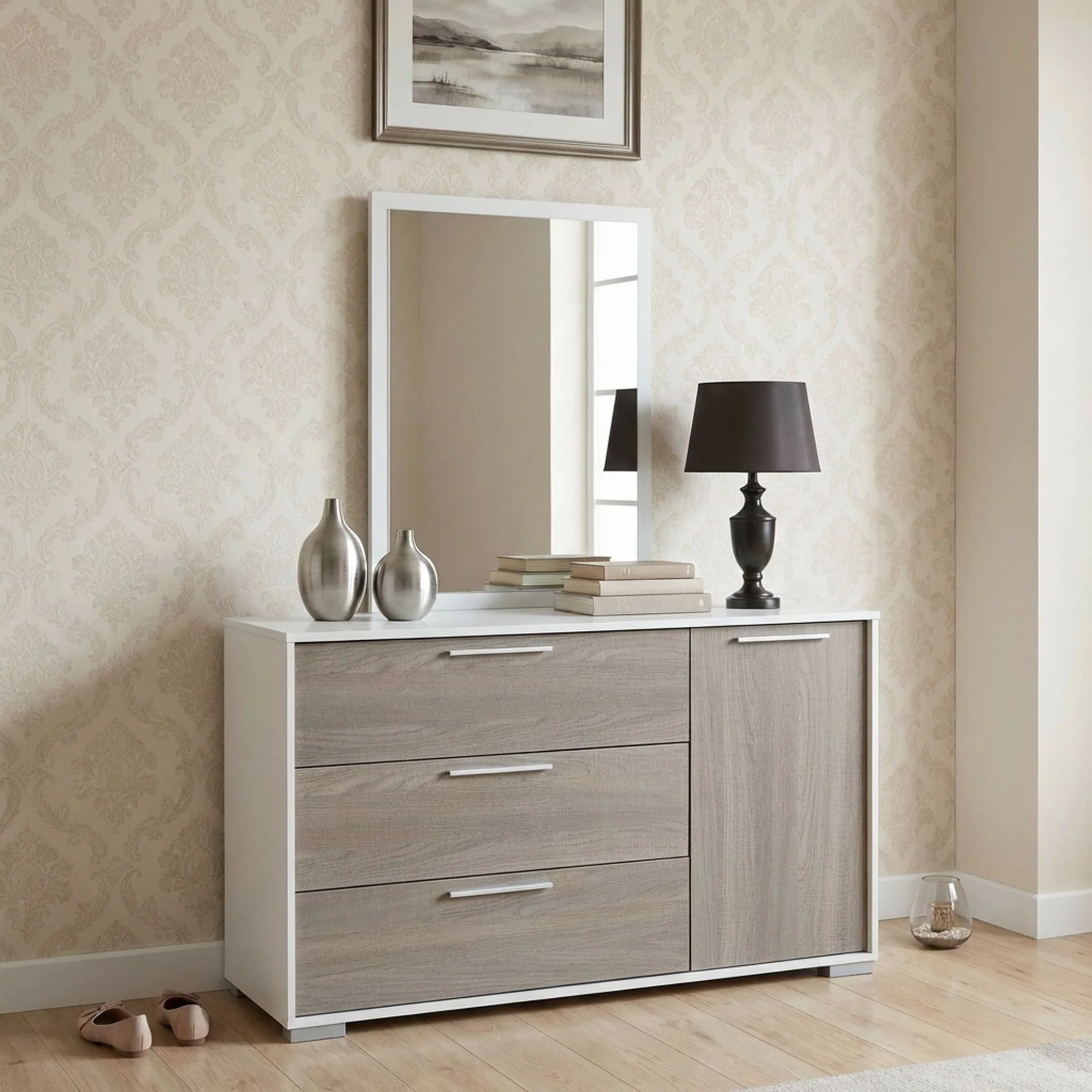 Waipoua 4 Drawer Low Boy with Mirror- Grey Oak - Image 4