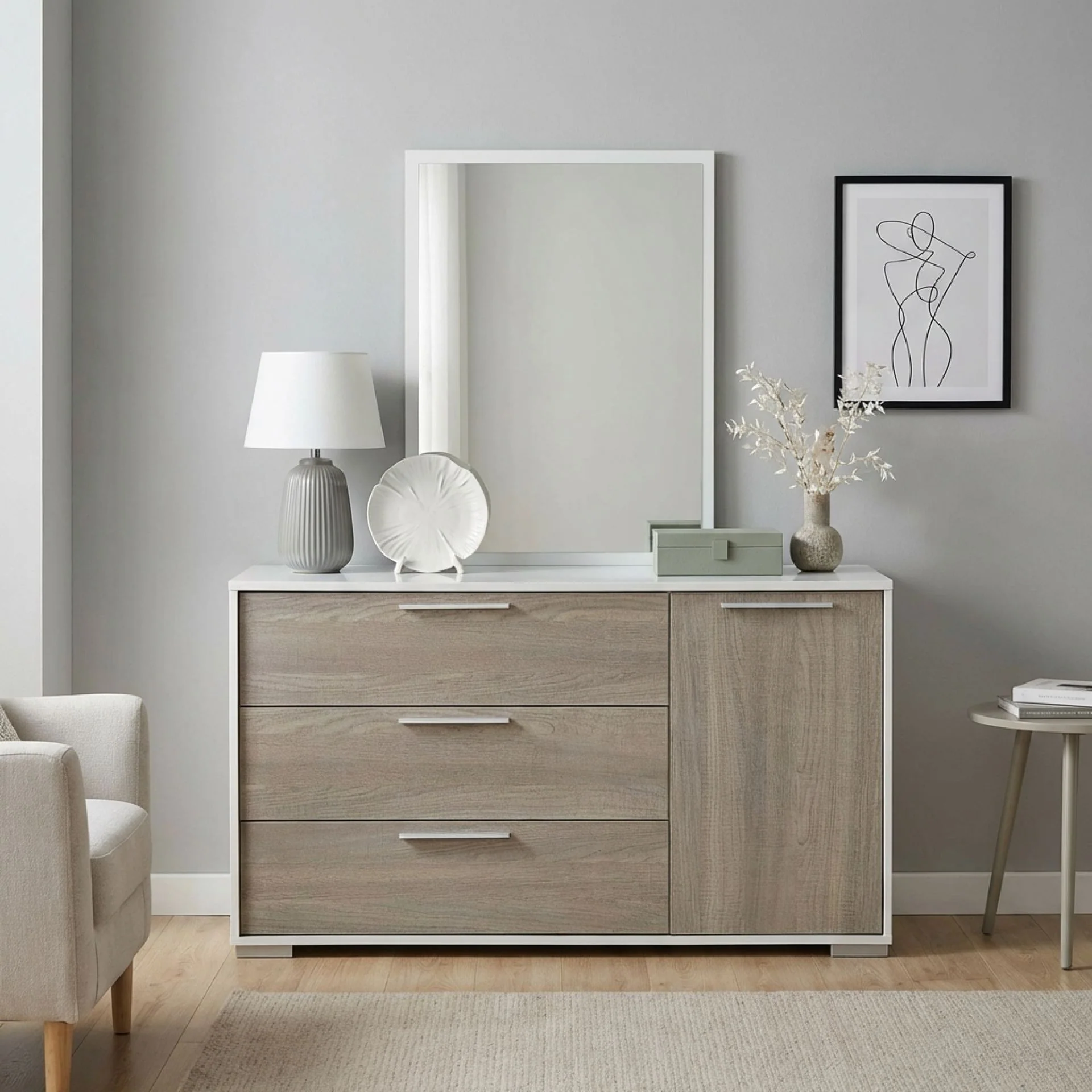Waipoua 4 Drawer Low Boy with Mirror- Grey Oak - Image 6