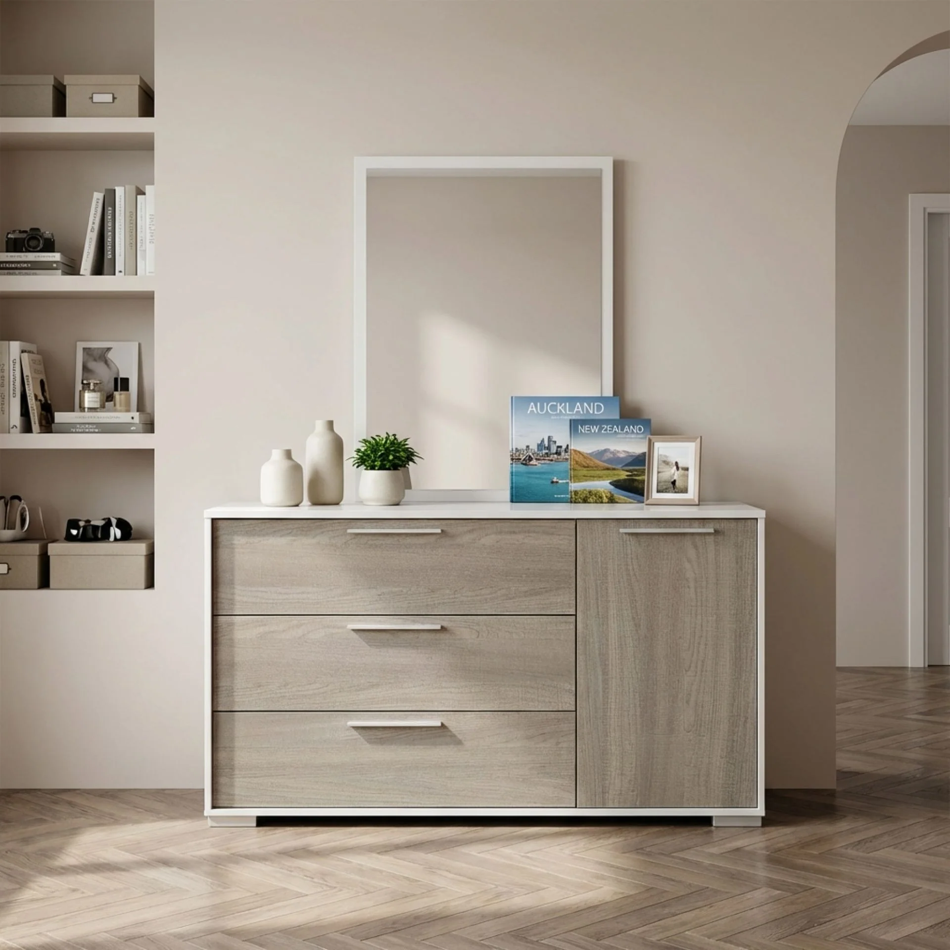 Waipoua 4 Drawer Low Boy with Mirror- Grey Oak - Image 7