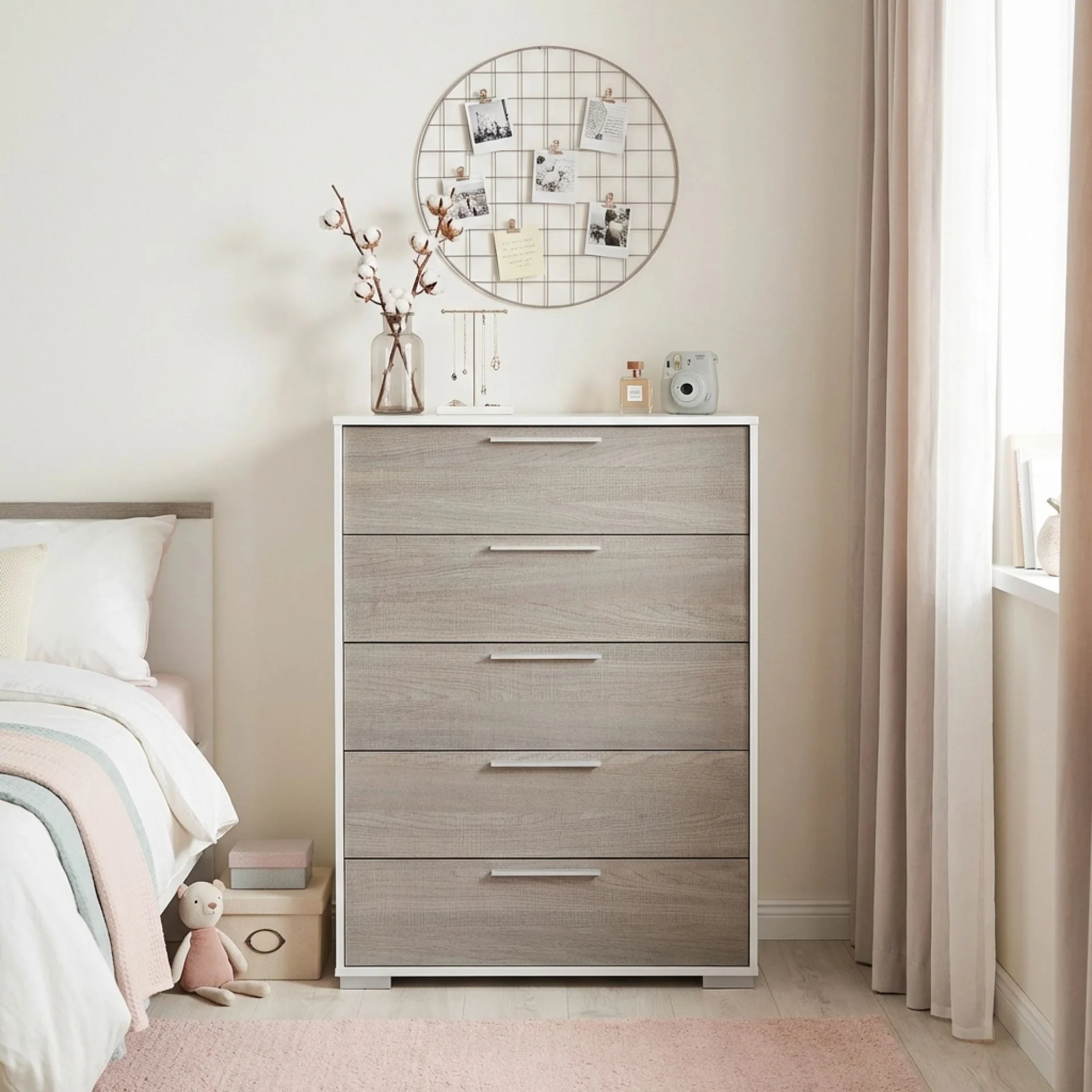 Waipoua 5 Drawer Tallboy - Grey Oak