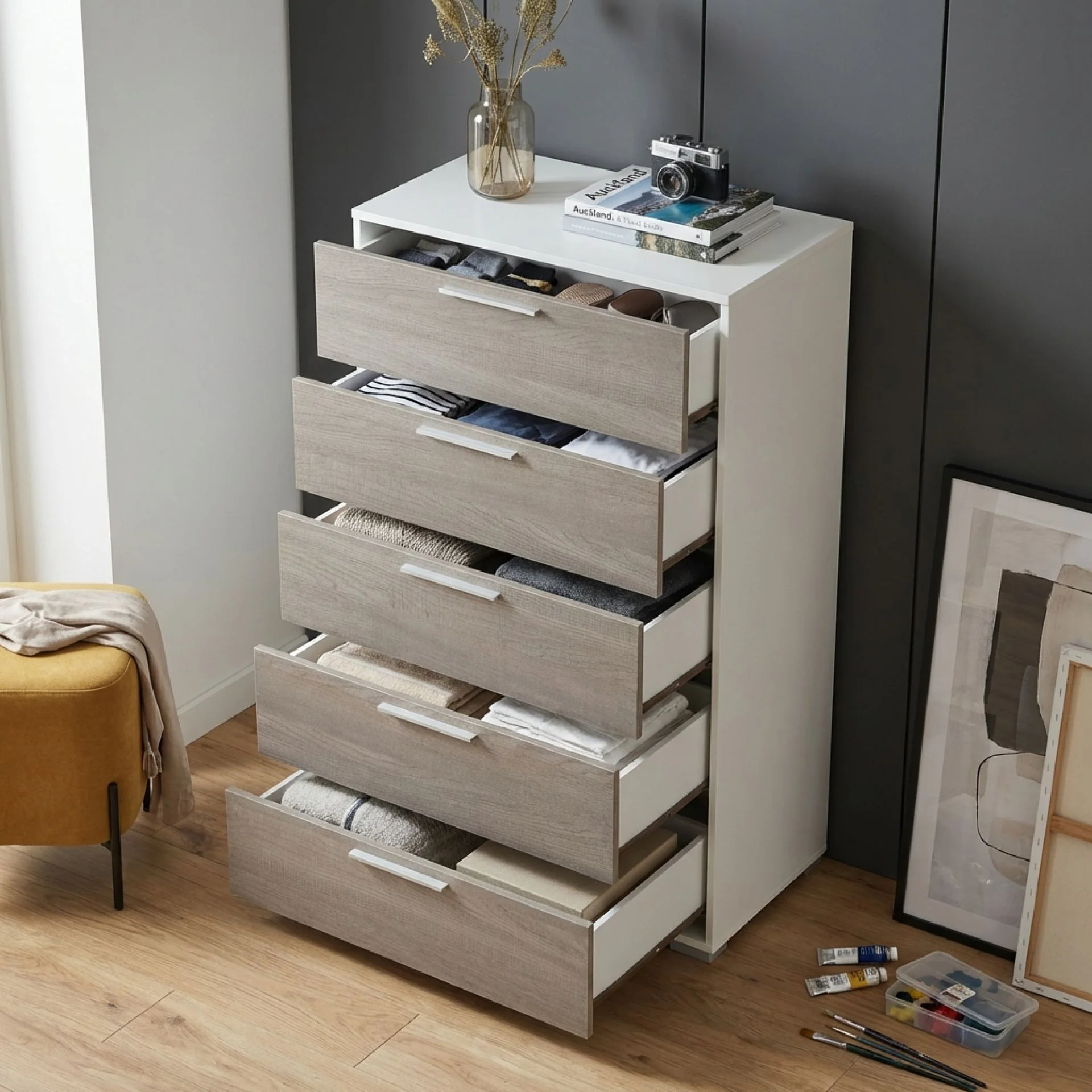 Waipoua 5 Drawer Tallboy - Grey Oak - Image 2