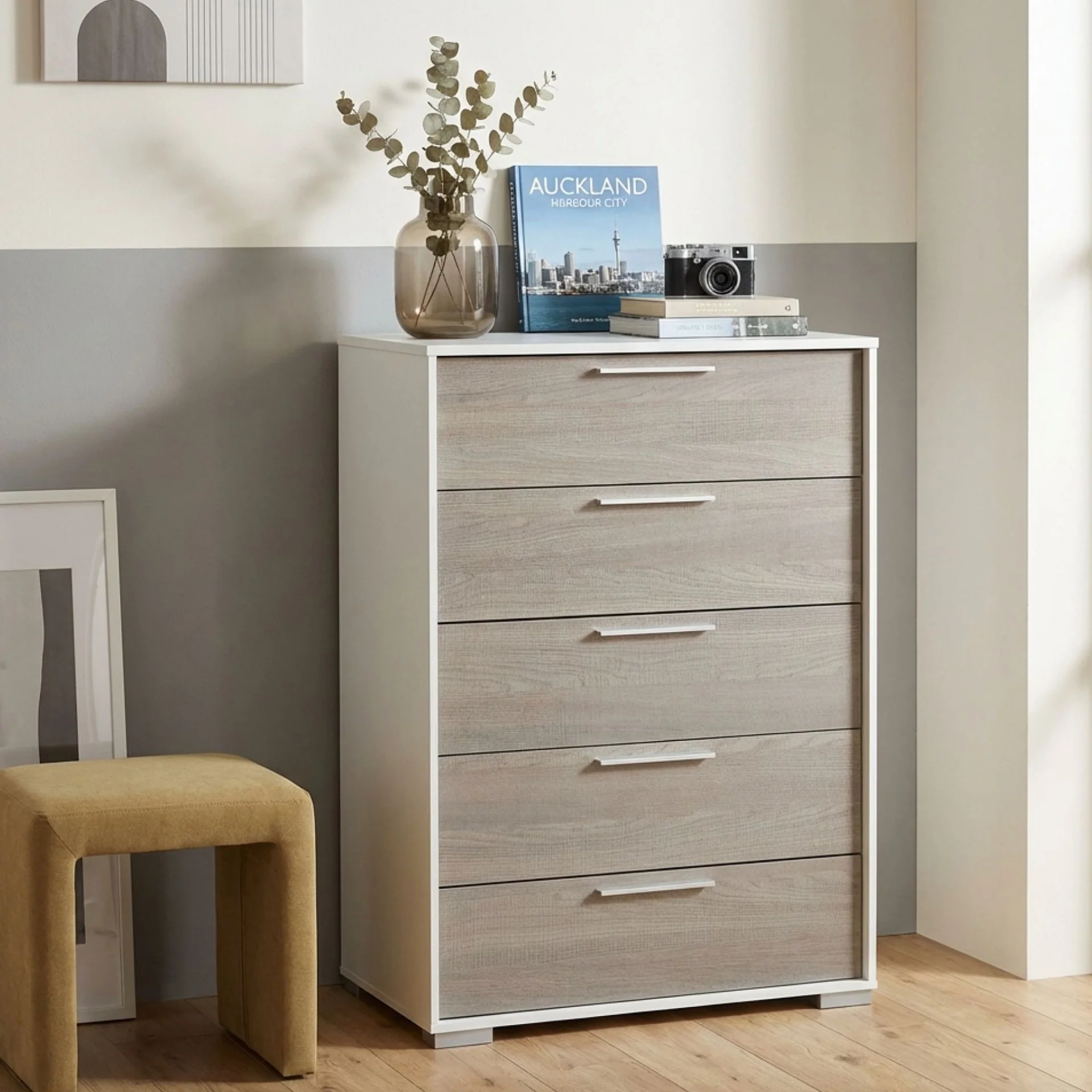 Waipoua 5 Drawer Tallboy - Grey Oak - Image 3