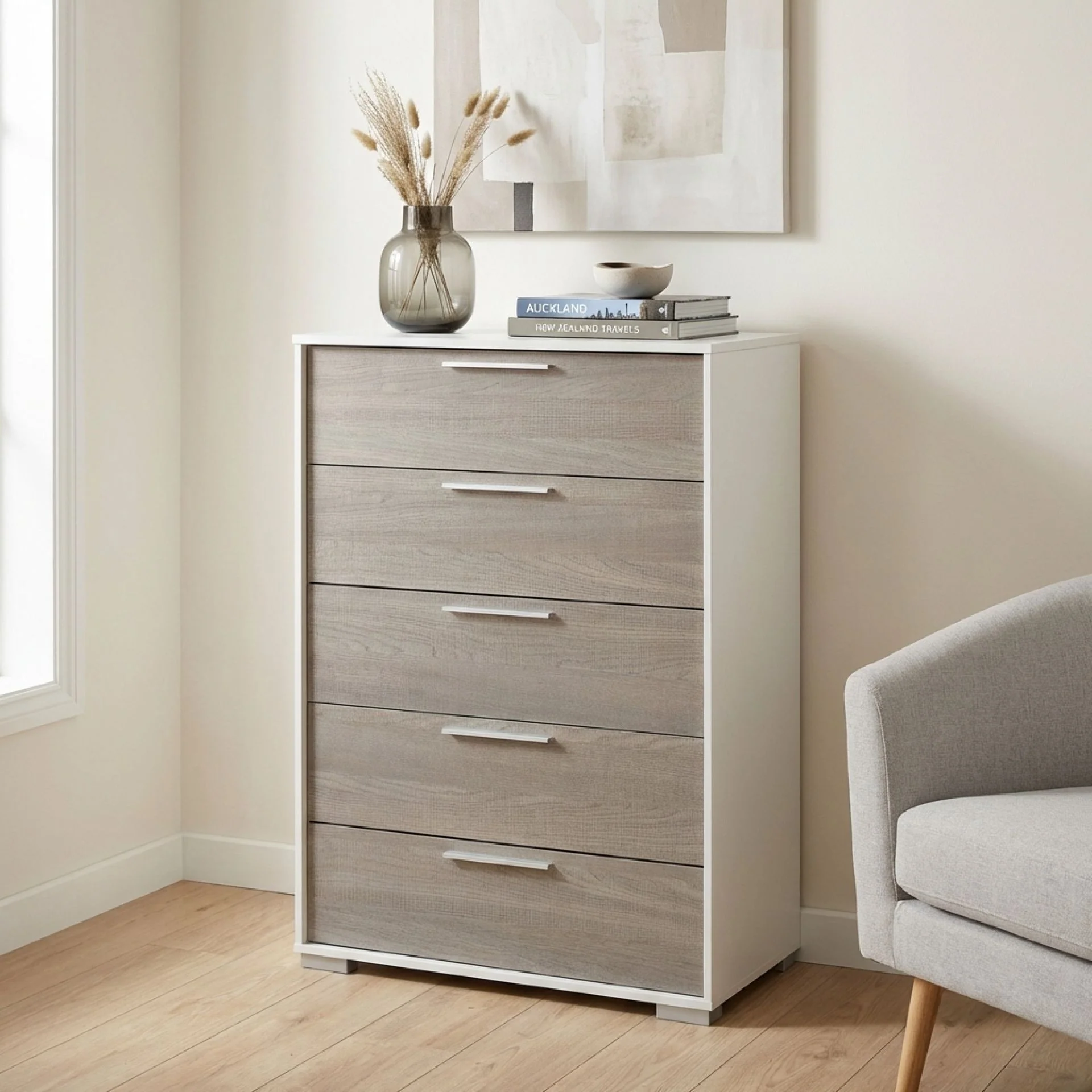 Waipoua 5 Drawer Tallboy - Grey Oak - Image 6