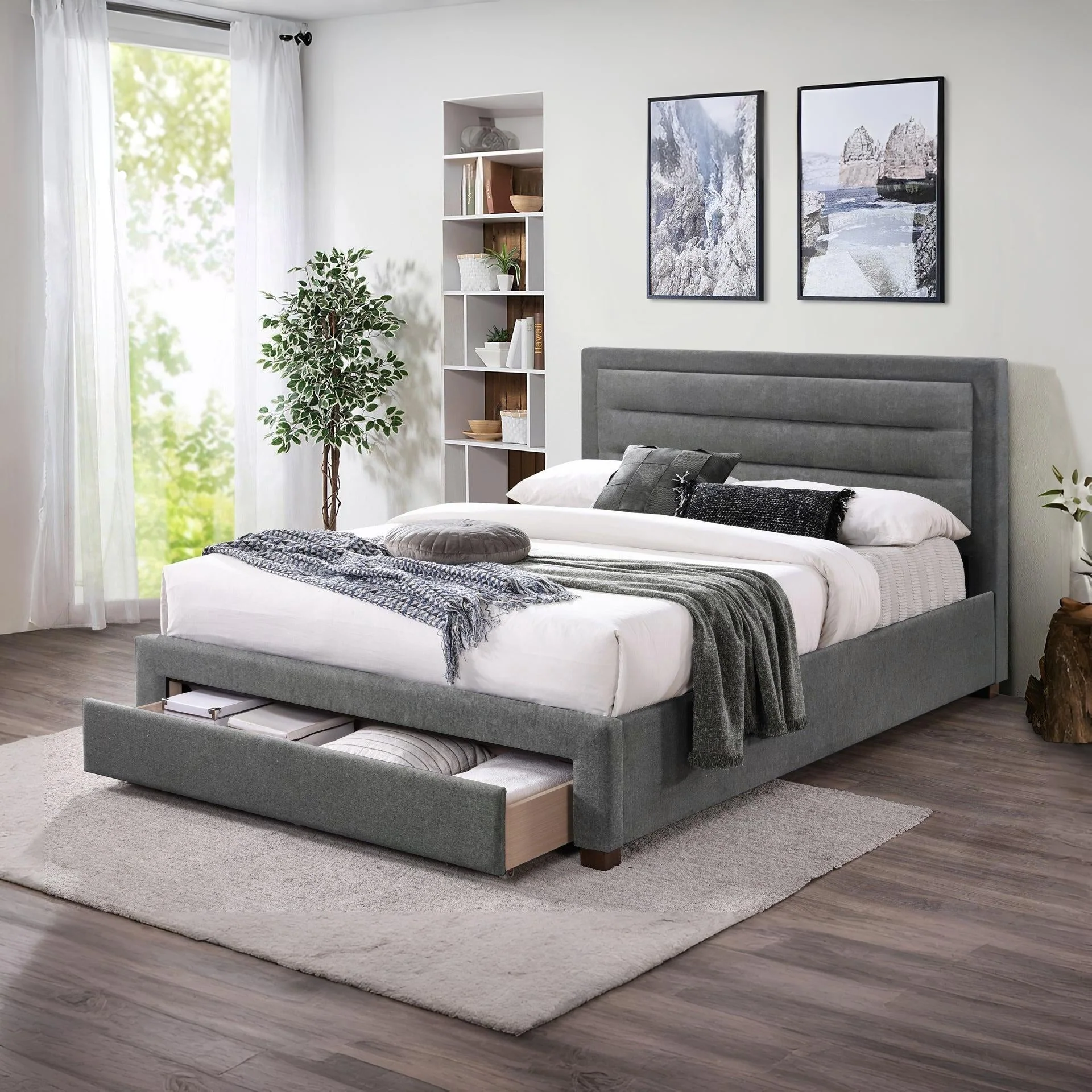 Walter Queen Bed Frame with Storage - Grey