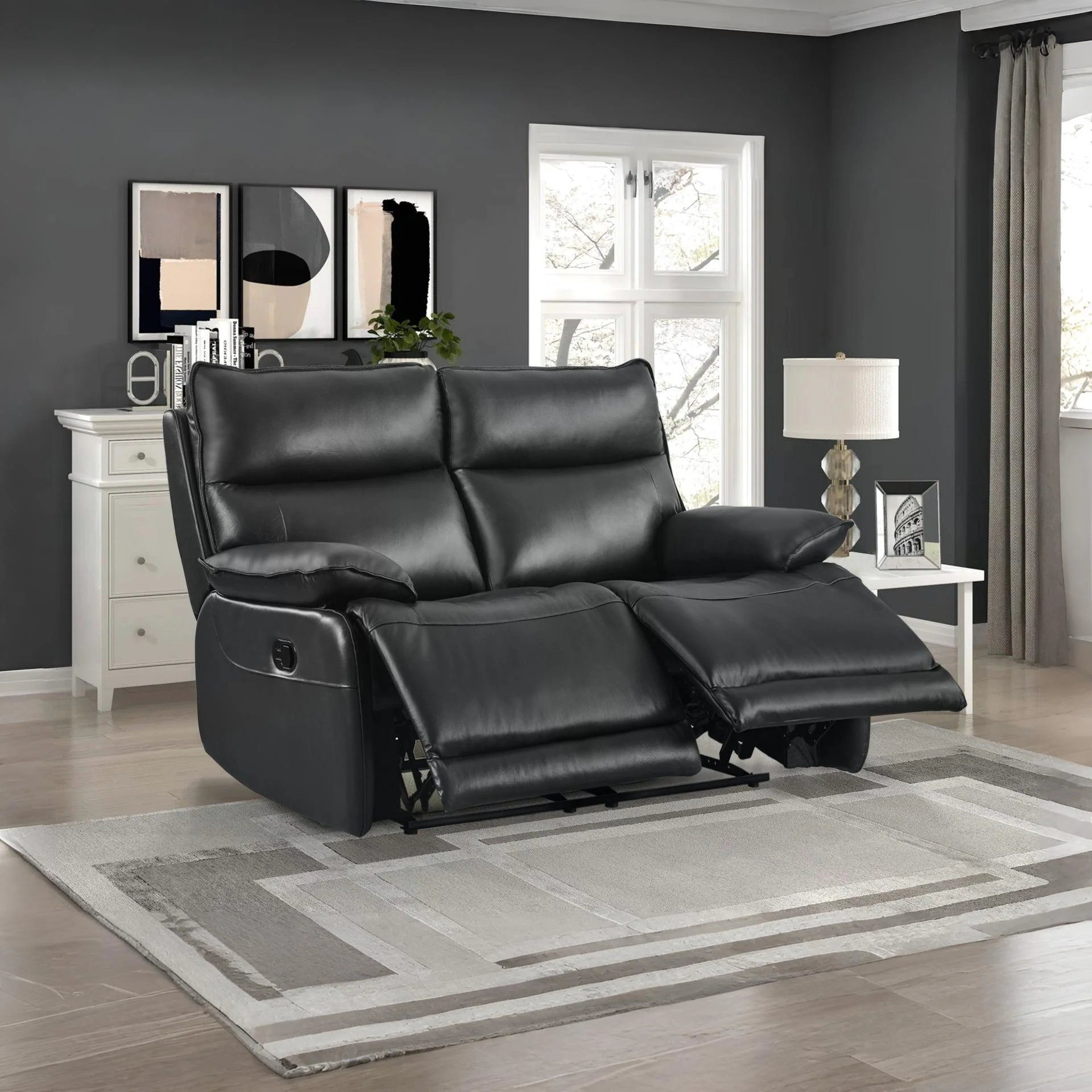 Wellsford Manual Leather 2 Seater Recliner Sofa - Black