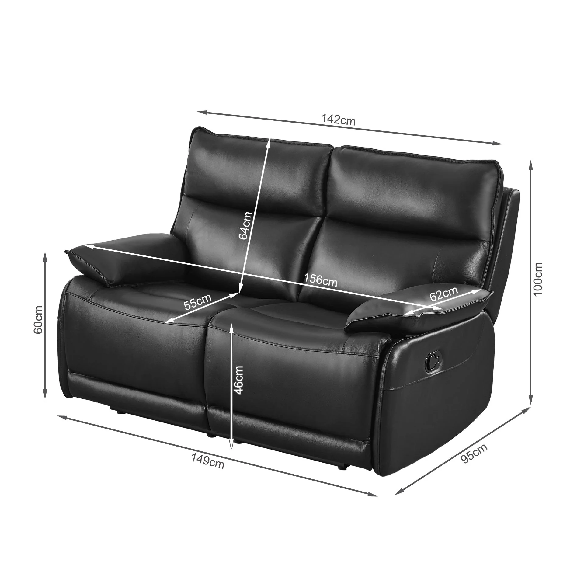 Wellsford Manual Leather 2 Seater Recliner Sofa - Black - Image 10