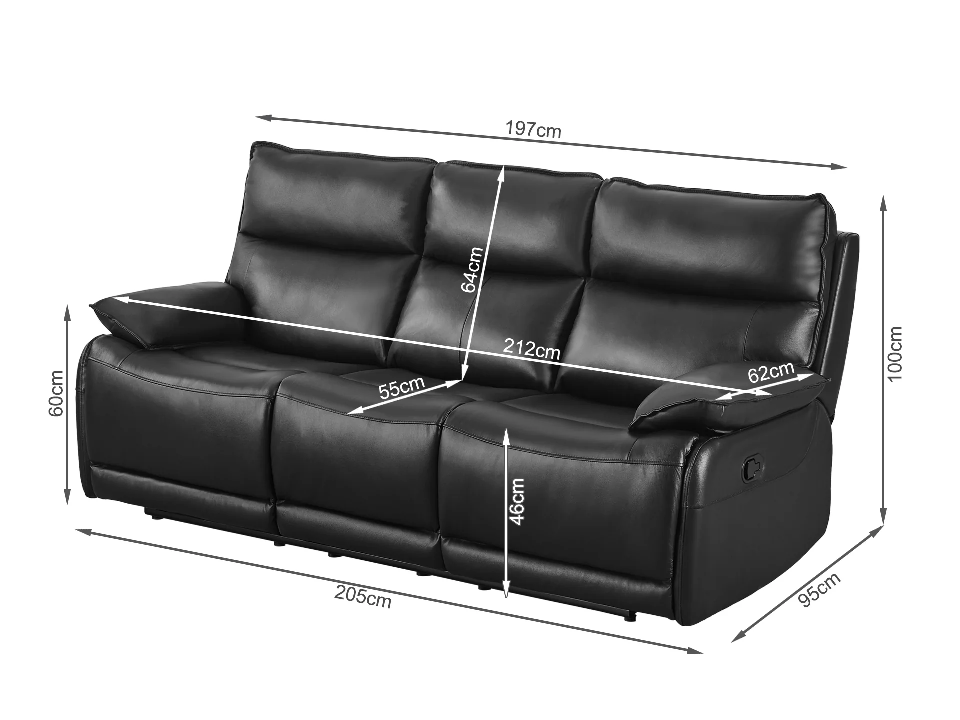 Wellsford Manual Leather 3 Seater Recliner Sofa - Black - Image 13