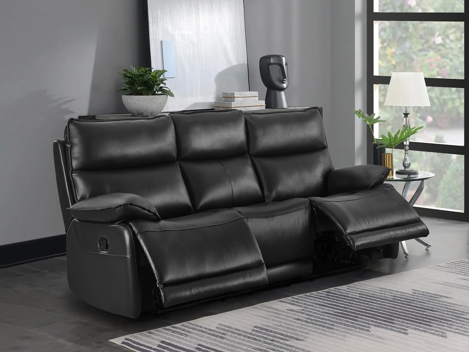 Wellsford Manual Leather 3 Seater Recliner Sofa - Black - Image 2