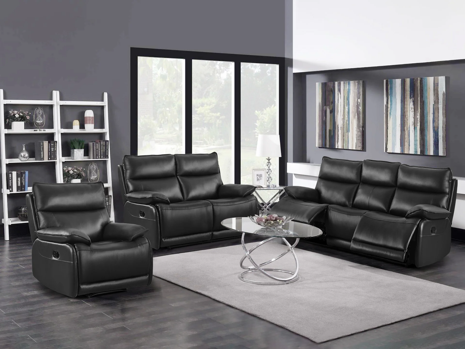 Wellsford Manual Leather Recliner Sofa Set - Black