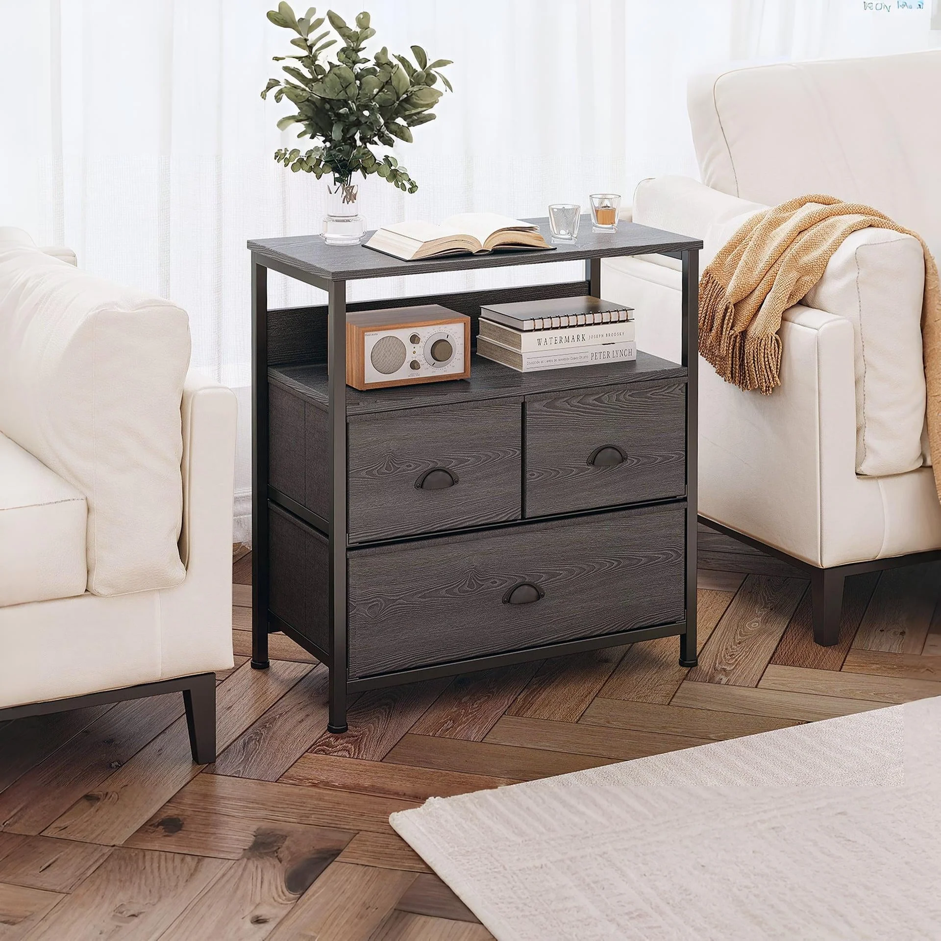 Whitby 2 Tier Storage Shelf with Drawers - Charcoal - Image 3