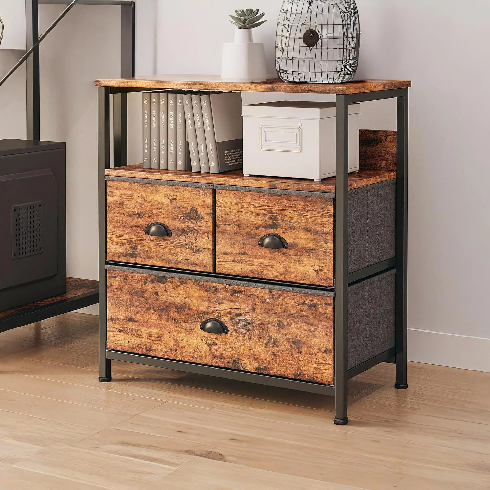 Whitby 2 Tier Storage Shelf with Drawers - Rustic Brown - Image 2