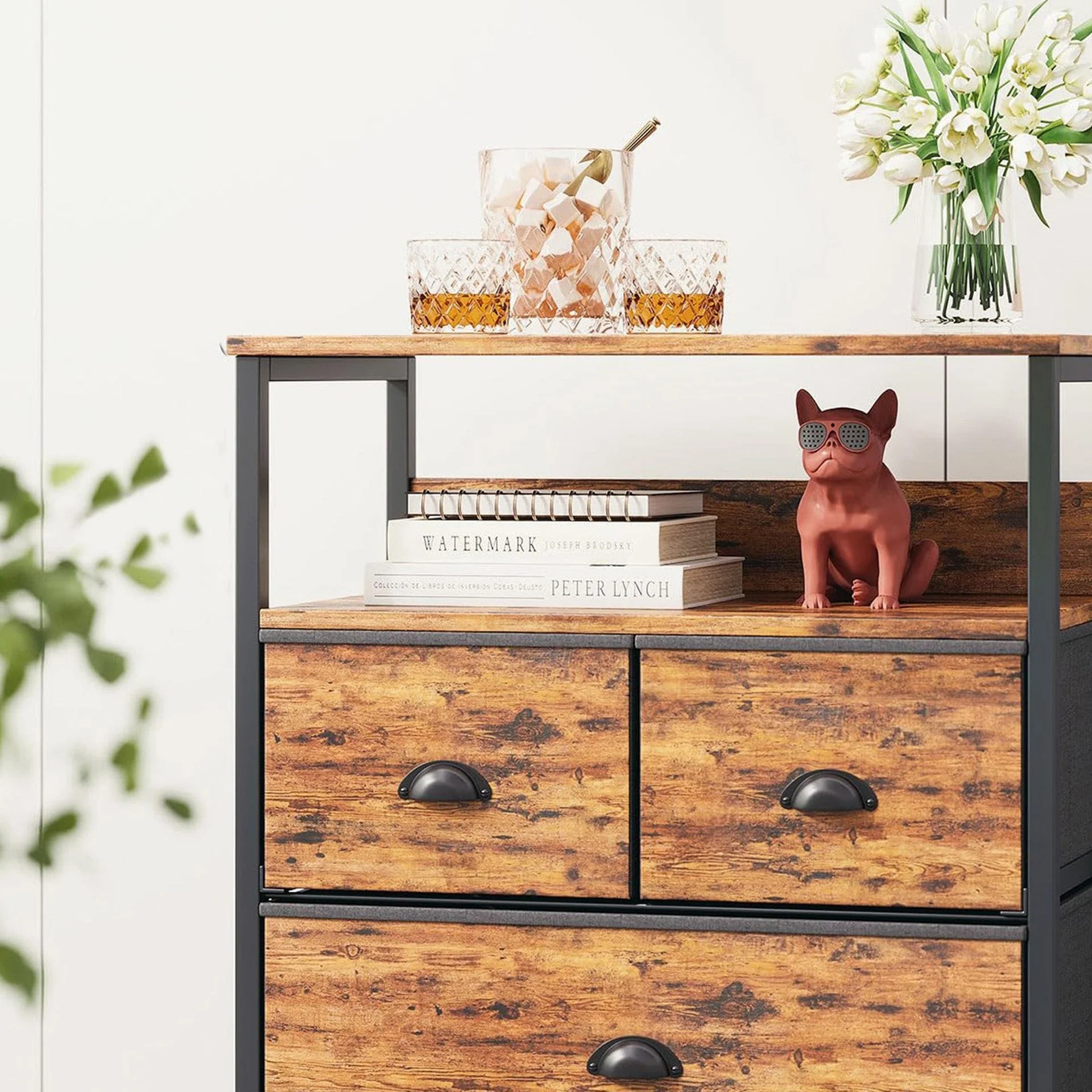 Whitby 2 Tier Storage Shelf with Drawers - Rustic Brown - Image 3