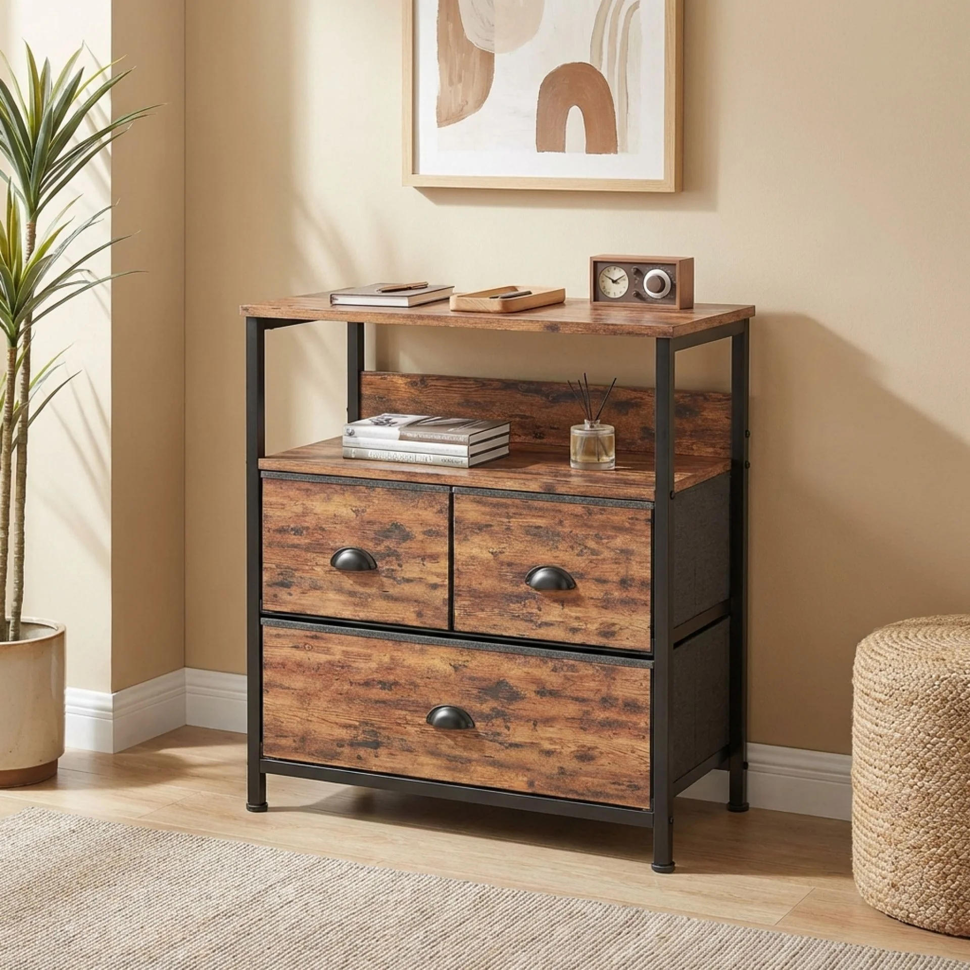 Whitby 2 Tier Storage Shelf with Drawers - Rustic Brown - Image 4