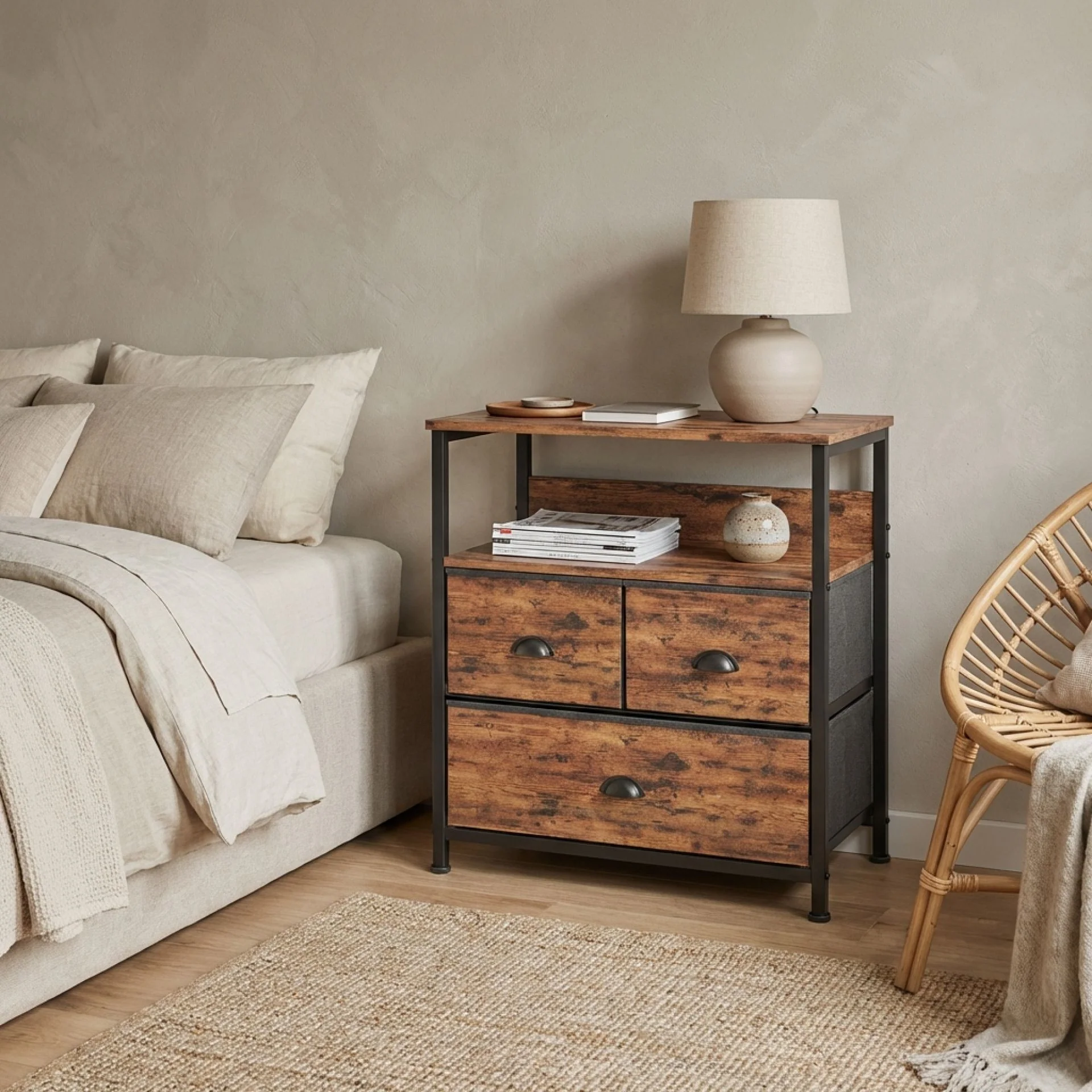 Whitby 2 Tier Storage Shelf with Drawers - Rustic Brown - Image 5