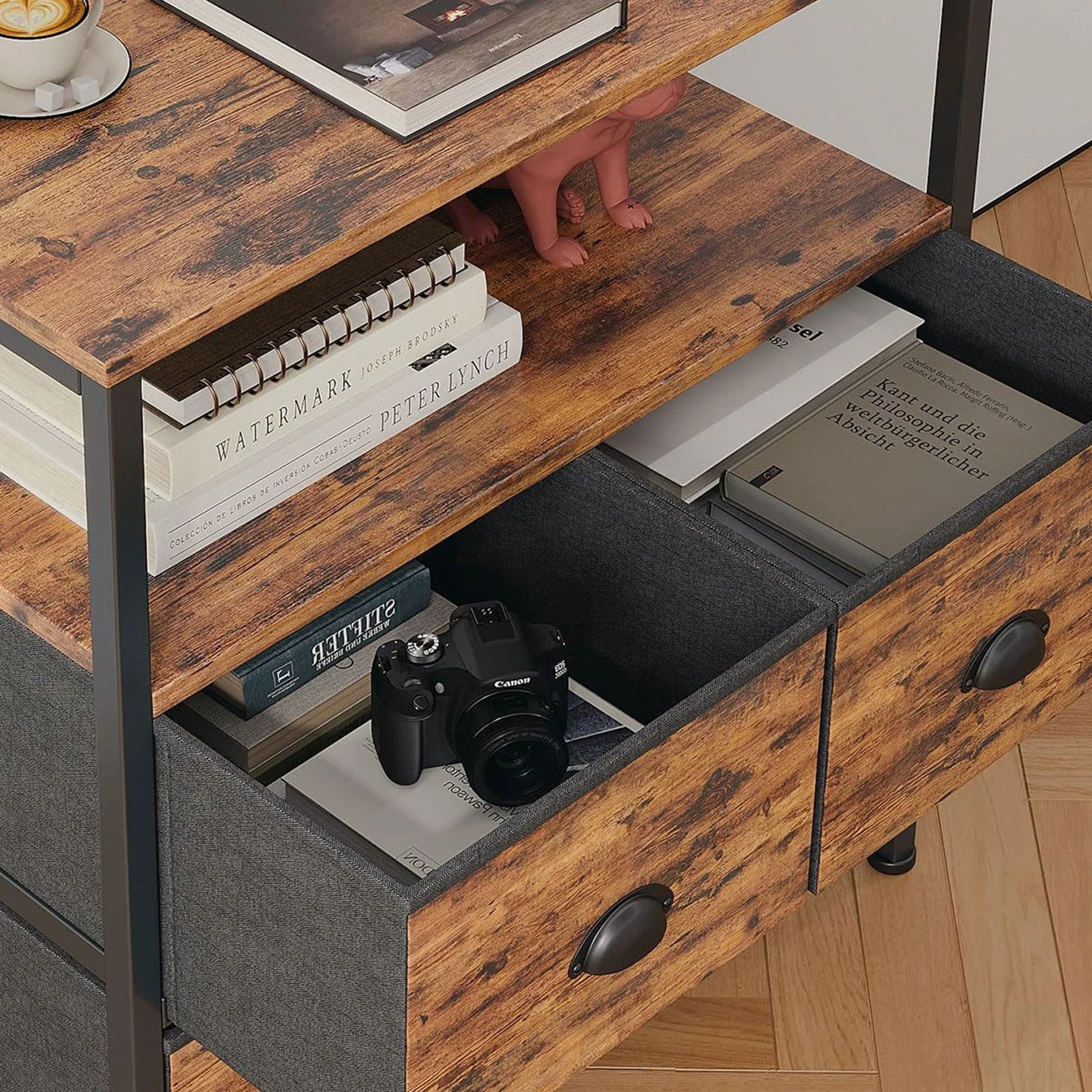 Whitby 2 Tier Storage Shelf with Drawers - Rustic Brown - Image 6