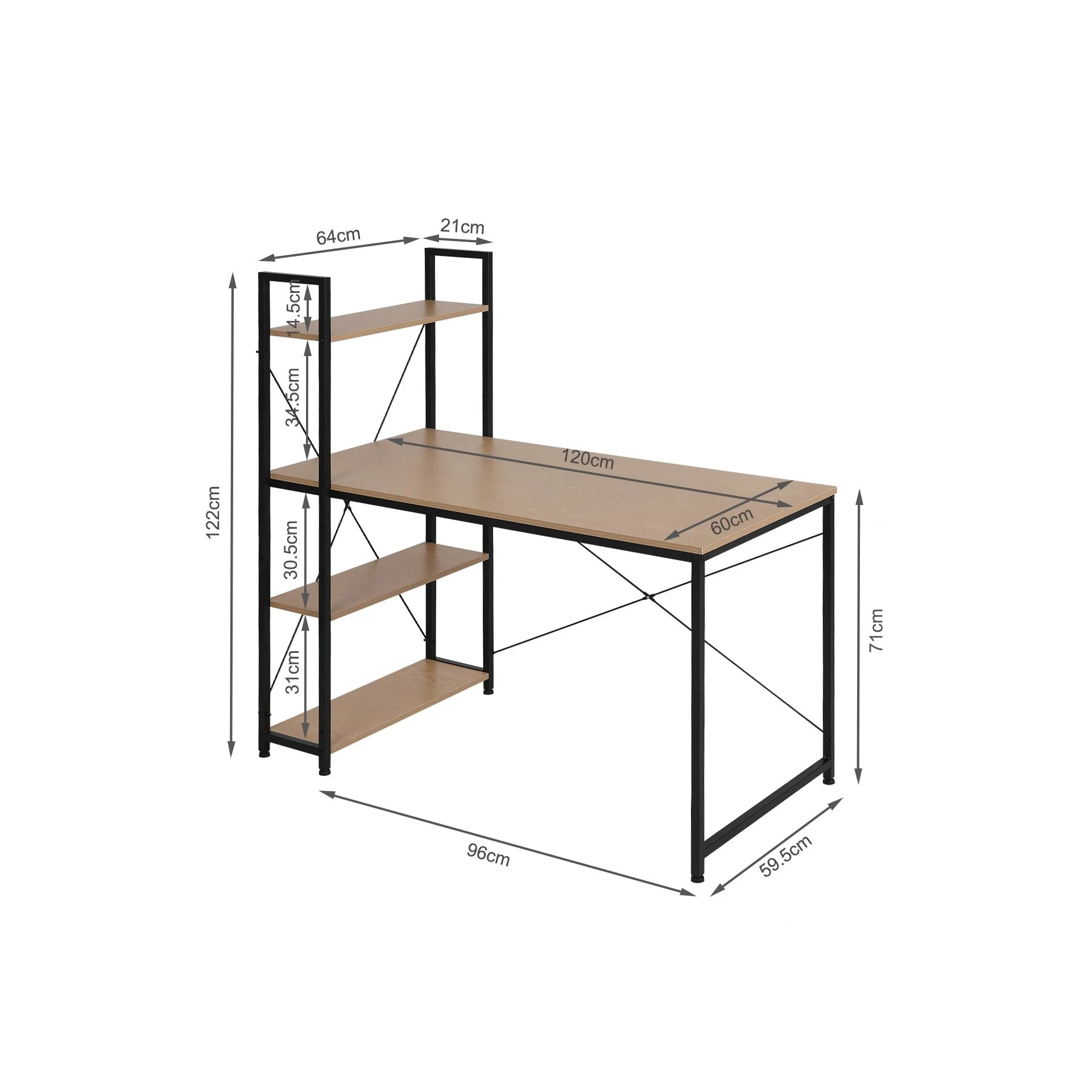 William 120cm Computer Desk with Bookshelf - Black + Natural - Image 6