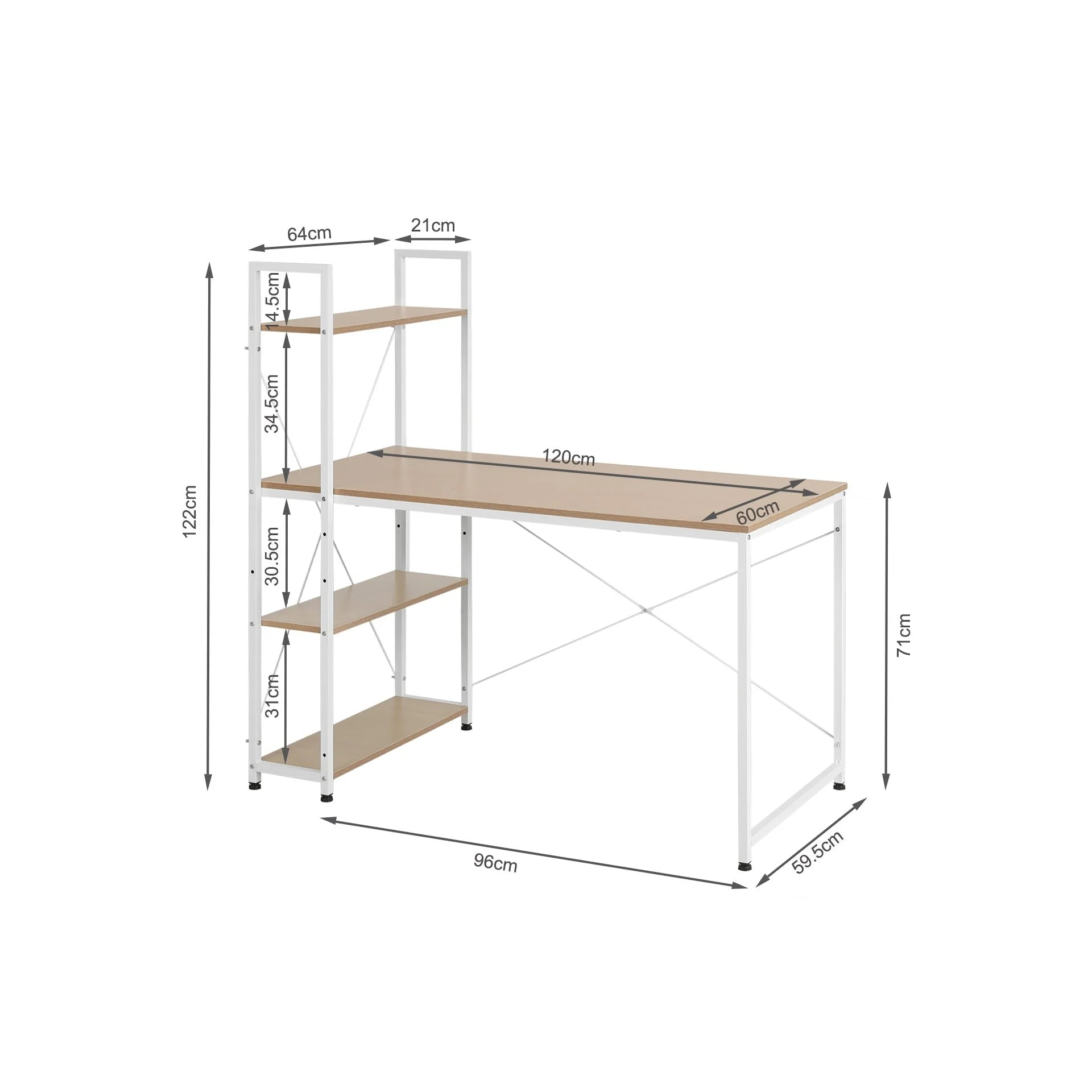 William 120cm Computer Desk with Bookshelf - White + Natural - Image 6