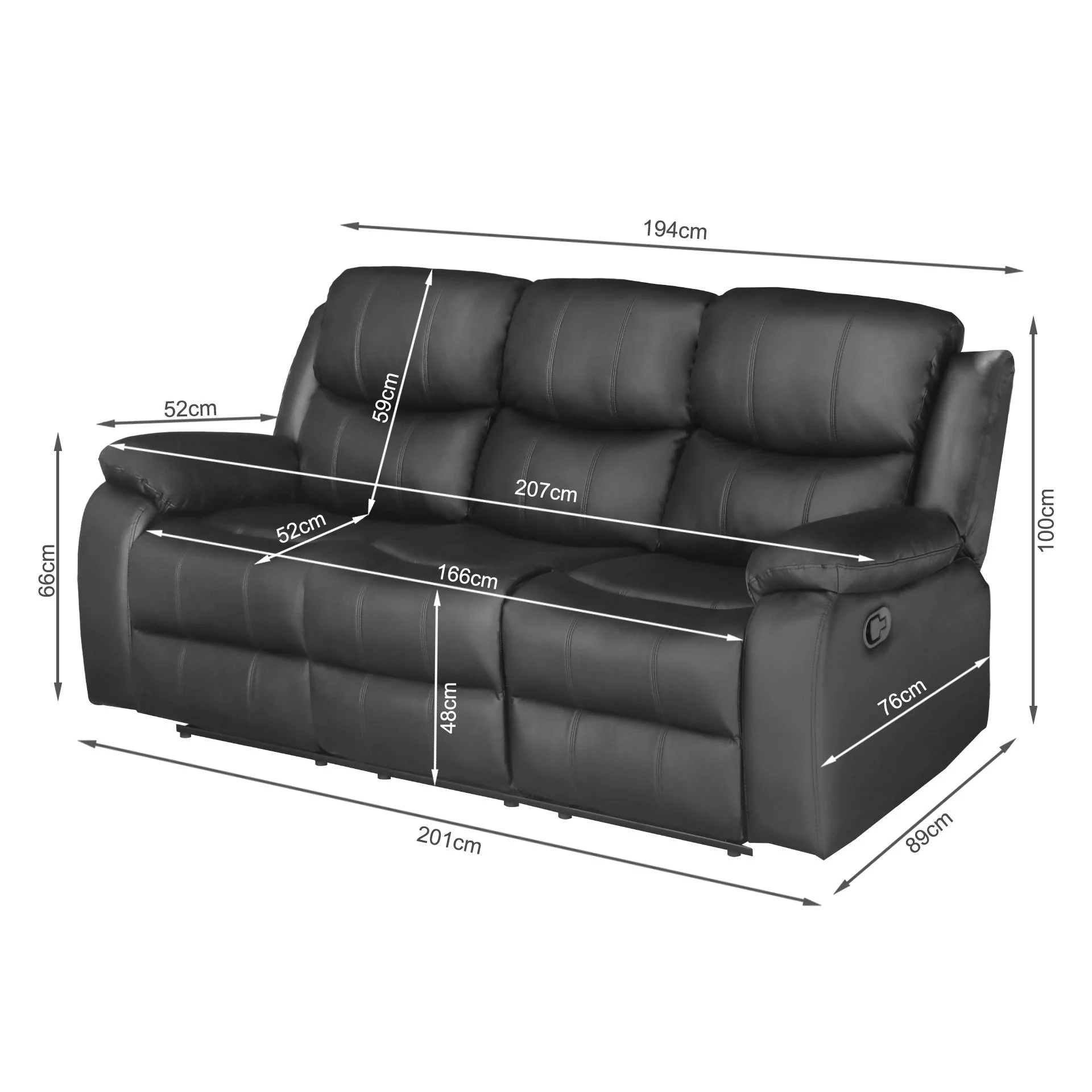 Wilson Manual 3 Seater Recliner Sofa - Black - Image 13