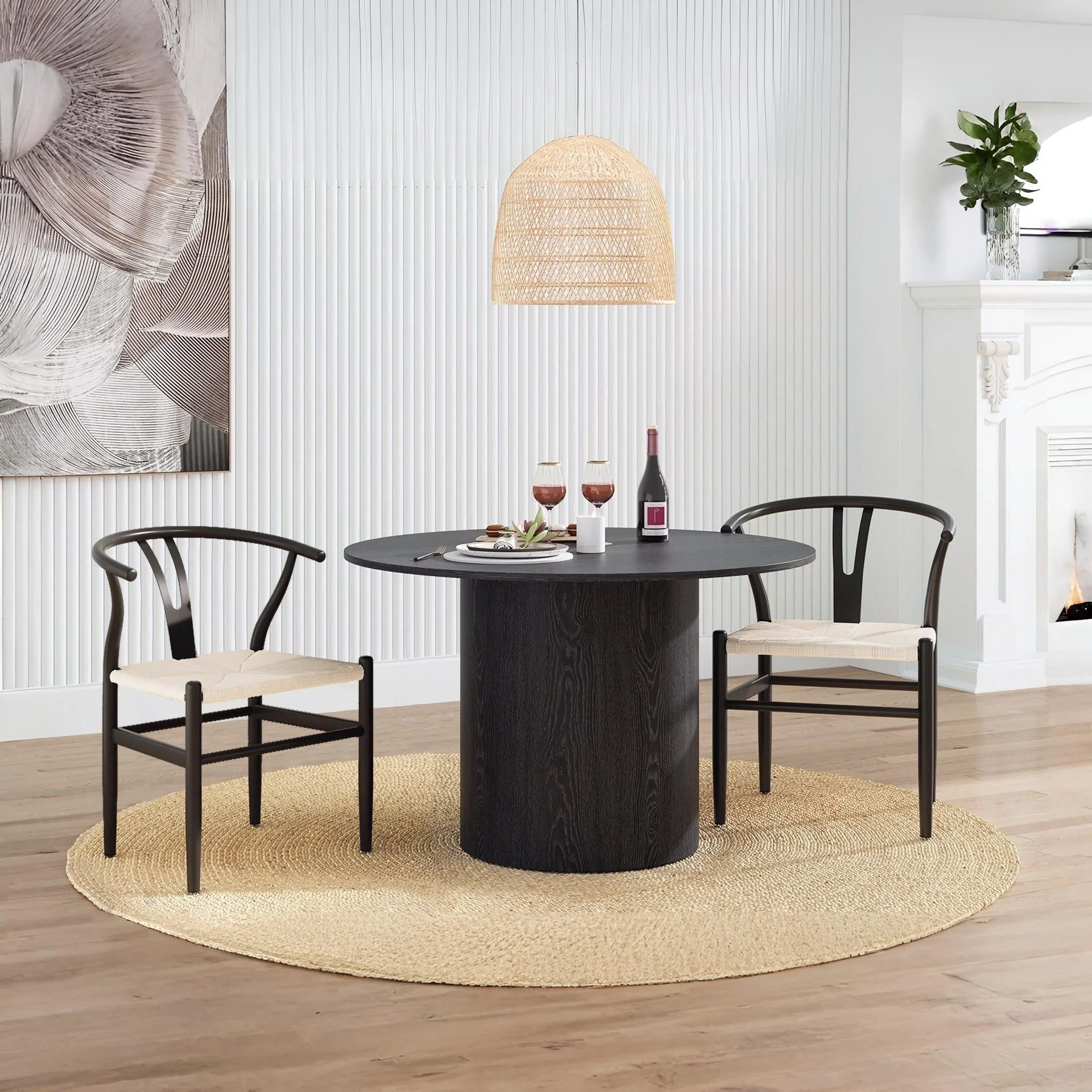 Winter Rope Seat Dining Chair Wishbone Chair Replica - Set of 2 - Black - Image 2
