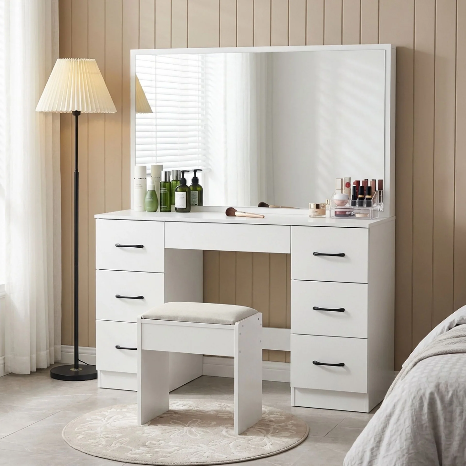 Wisteria 2 Piece Dressing Table with Mirror & Stool Set - White - Image 3