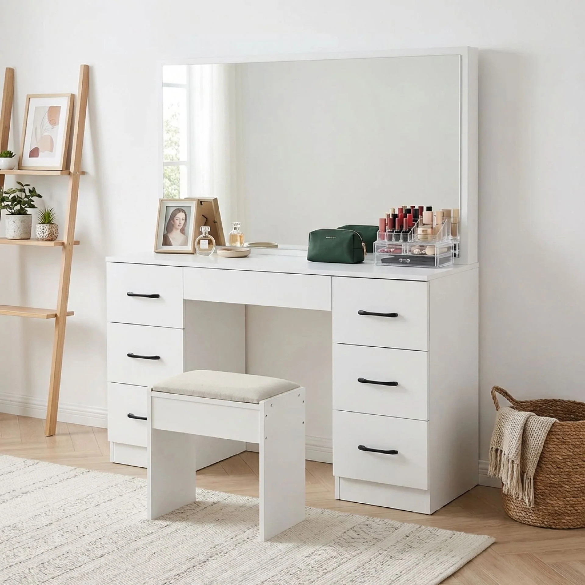 Wisteria 2 Piece Dressing Table with Mirror & Stool Set - White - Image 5