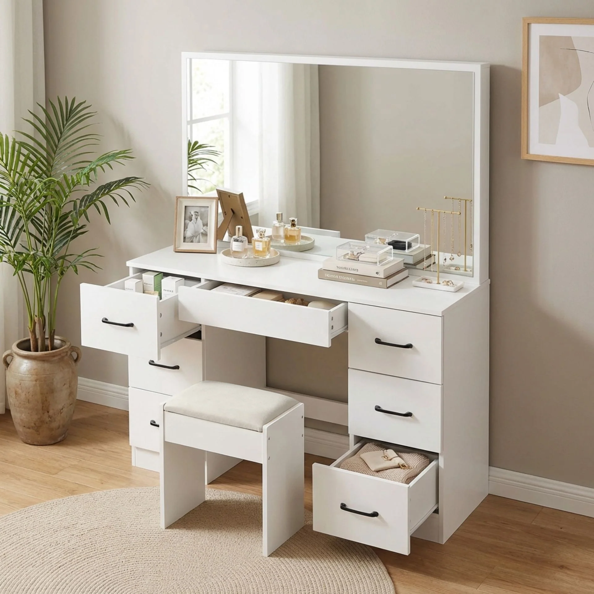 Wisteria 2 Piece Dressing Table with Mirror & Stool Set - White - Image 6