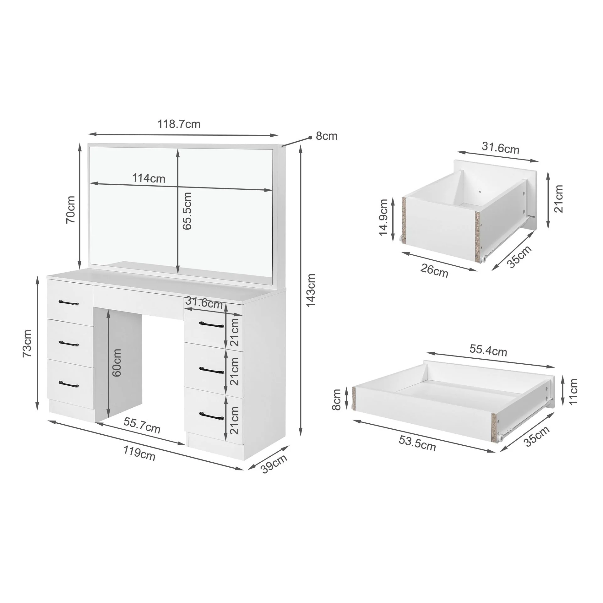 Wisteria 2 Piece Dressing Table with Mirror & Stool Set - White - Image 9