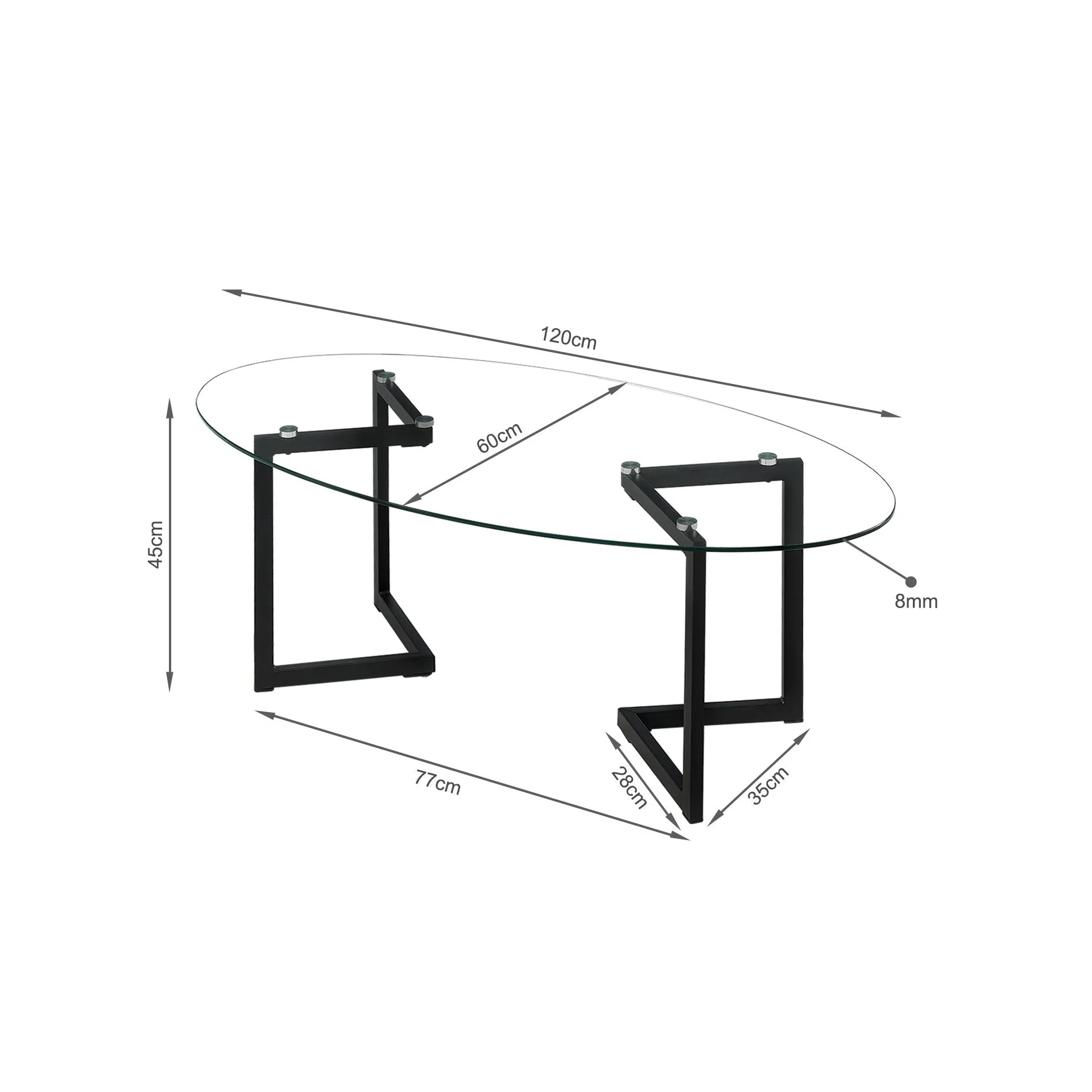 Wynter Tempered Glass Oval Coffee Table 120 x 60cm - Transparent + Black - Image 10