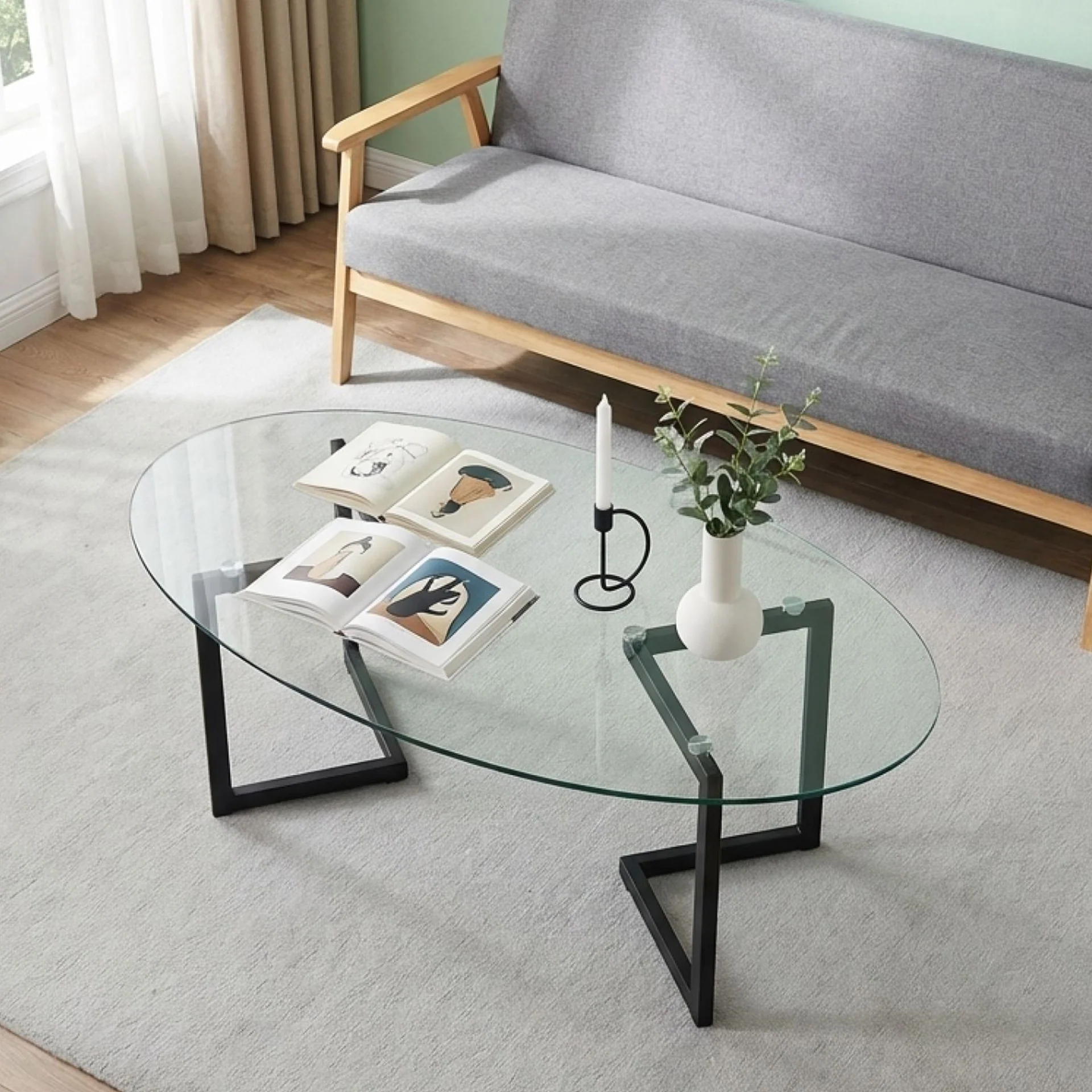 Wynter Tempered Glass Oval Coffee Table 120 x 60cm - Transparent + Black - Image 4